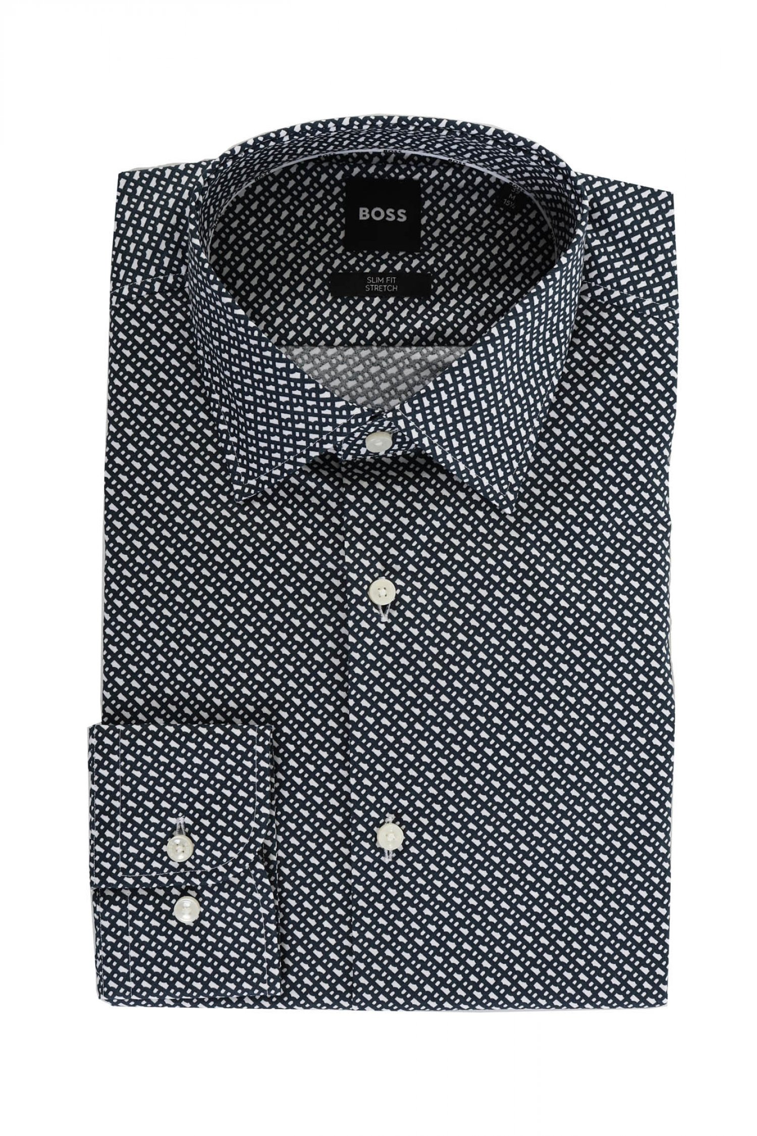 BOSS ΠΟΥΚΑΜΙΣΟ ALLOVER LOGO SLIM FIT STRETCH H-HANK-KENT-C1-214 ΜΠΛΕ-ΛΕΥΚΟ