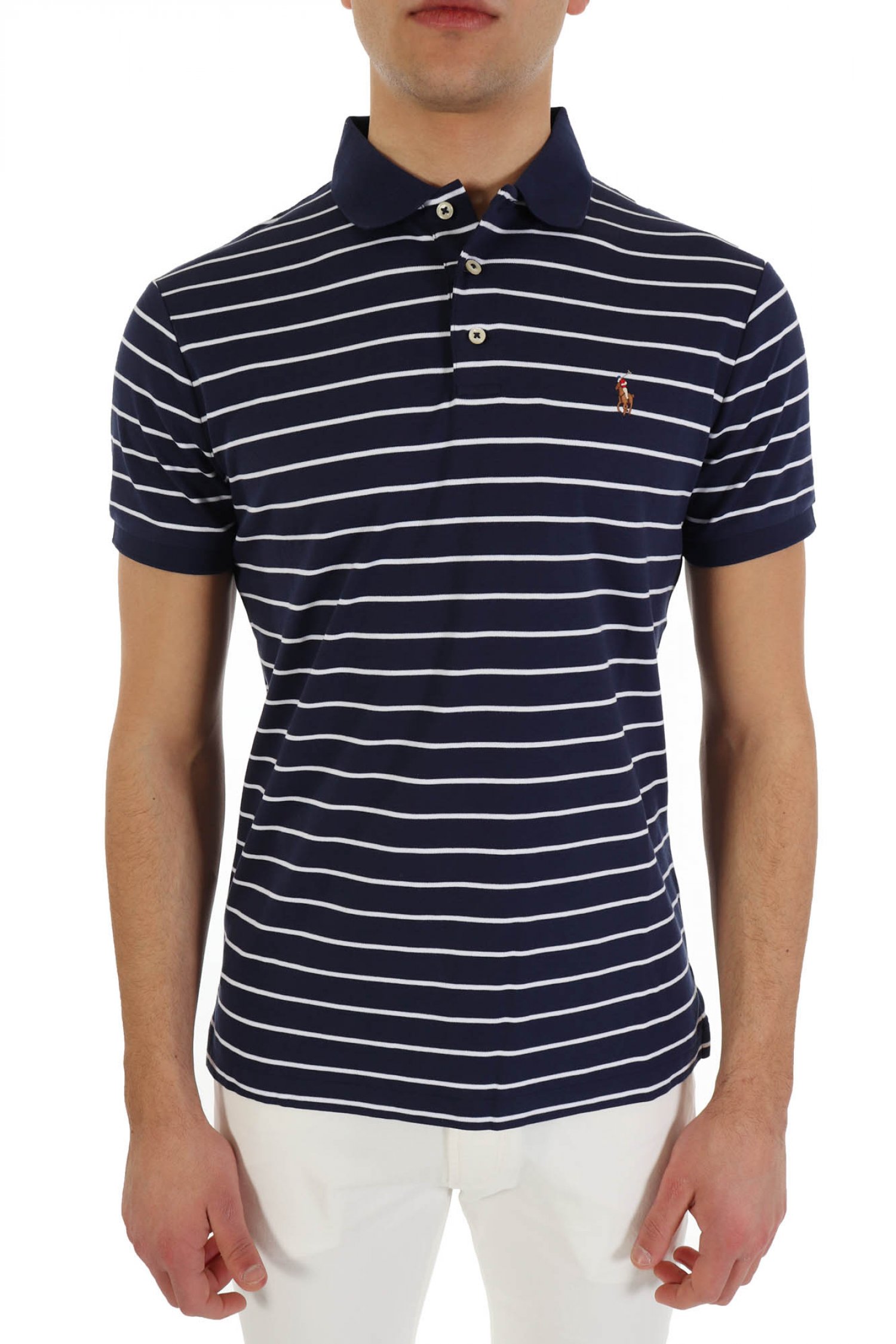 RALPH LAUREN POLO ΡΙΓΕ INTERLOCK CUSTOM SLIM FIT LOGO ΜΠΛΕ-ΛΕΥΚΟ