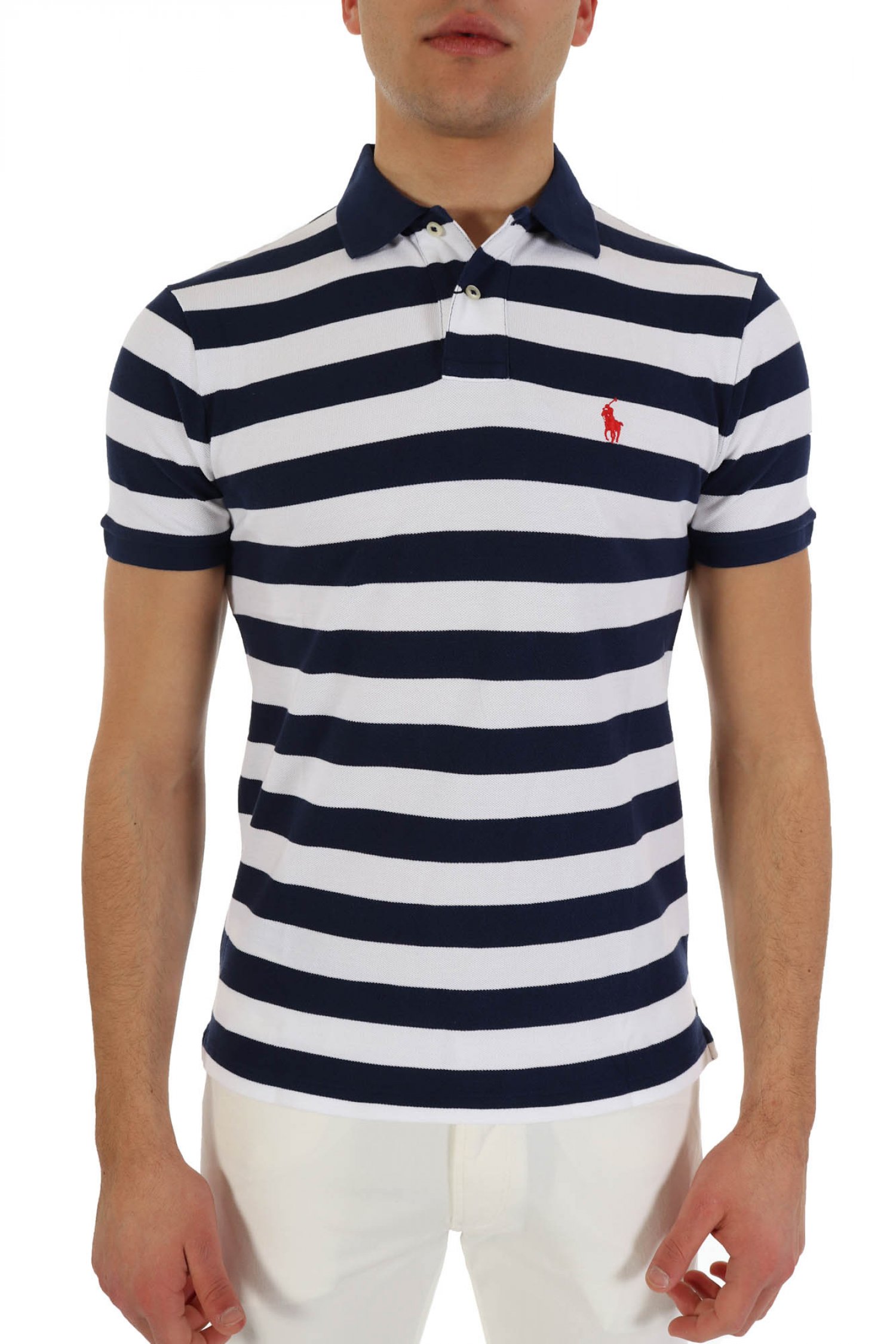 RALPH LAUREN POLO ΡΙΓΕ CUSTOM SLIM FIT LOGO ΜΠΛΕ-ΛΕΥΚΟ