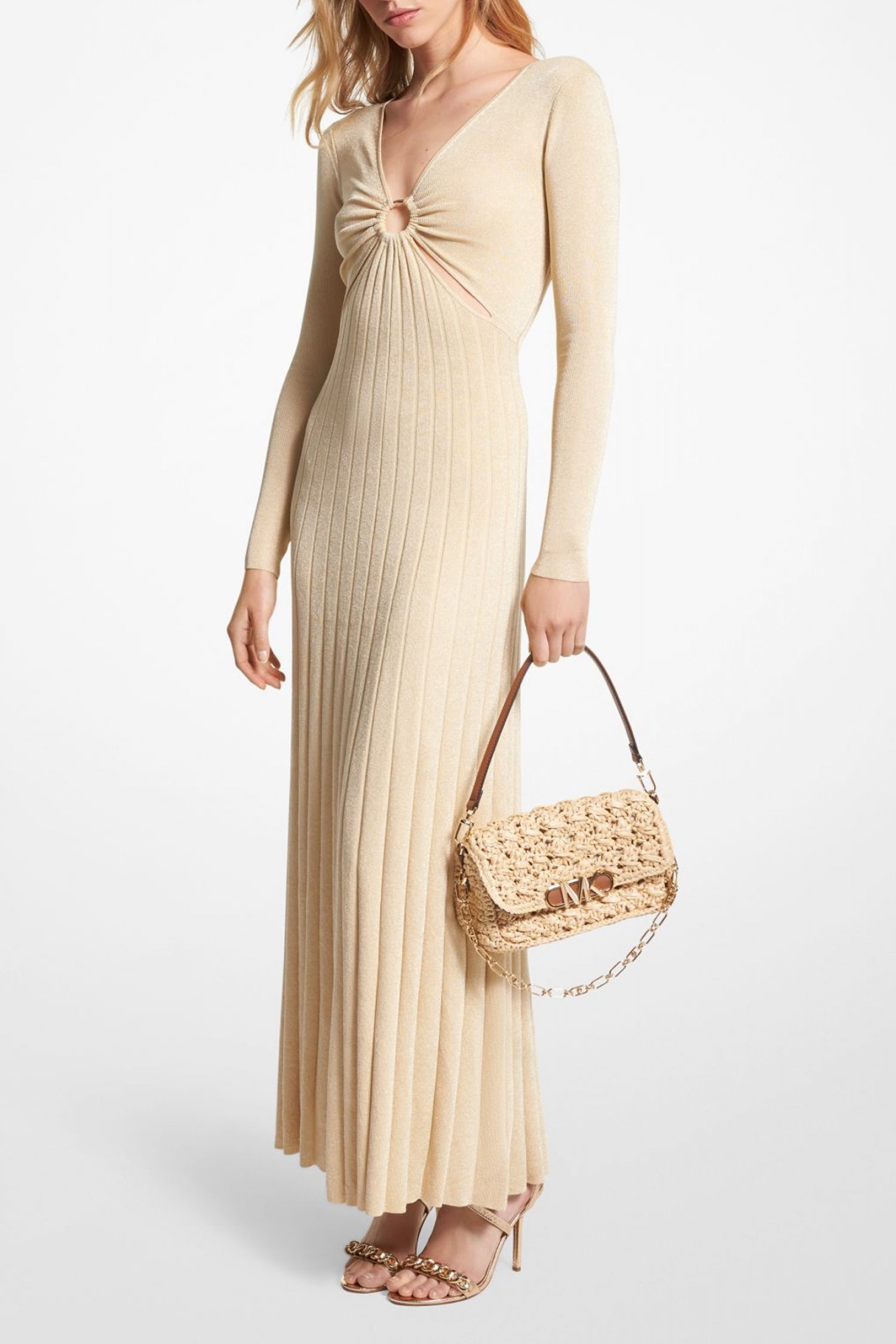 MICHAEL KORS ΦΟΡΕΜΑ LUREX V-NECK ΠΛΙΣΕ ΧΡΥΣΟ