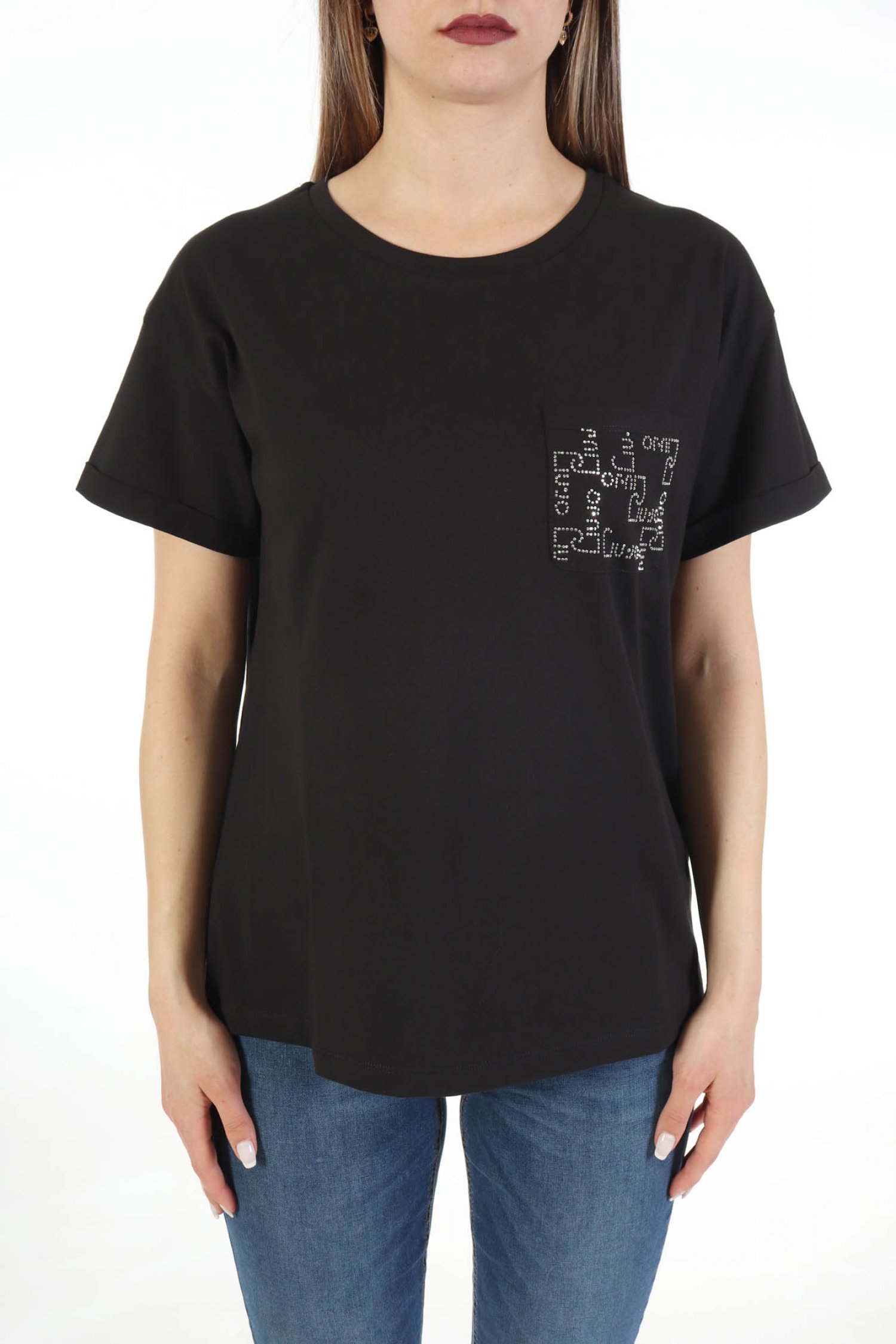 LIU -JO T-SHIRT LOGO ΣΤΡΑΣ ΤΣΕΠΗ ΜΑΥΡΟ