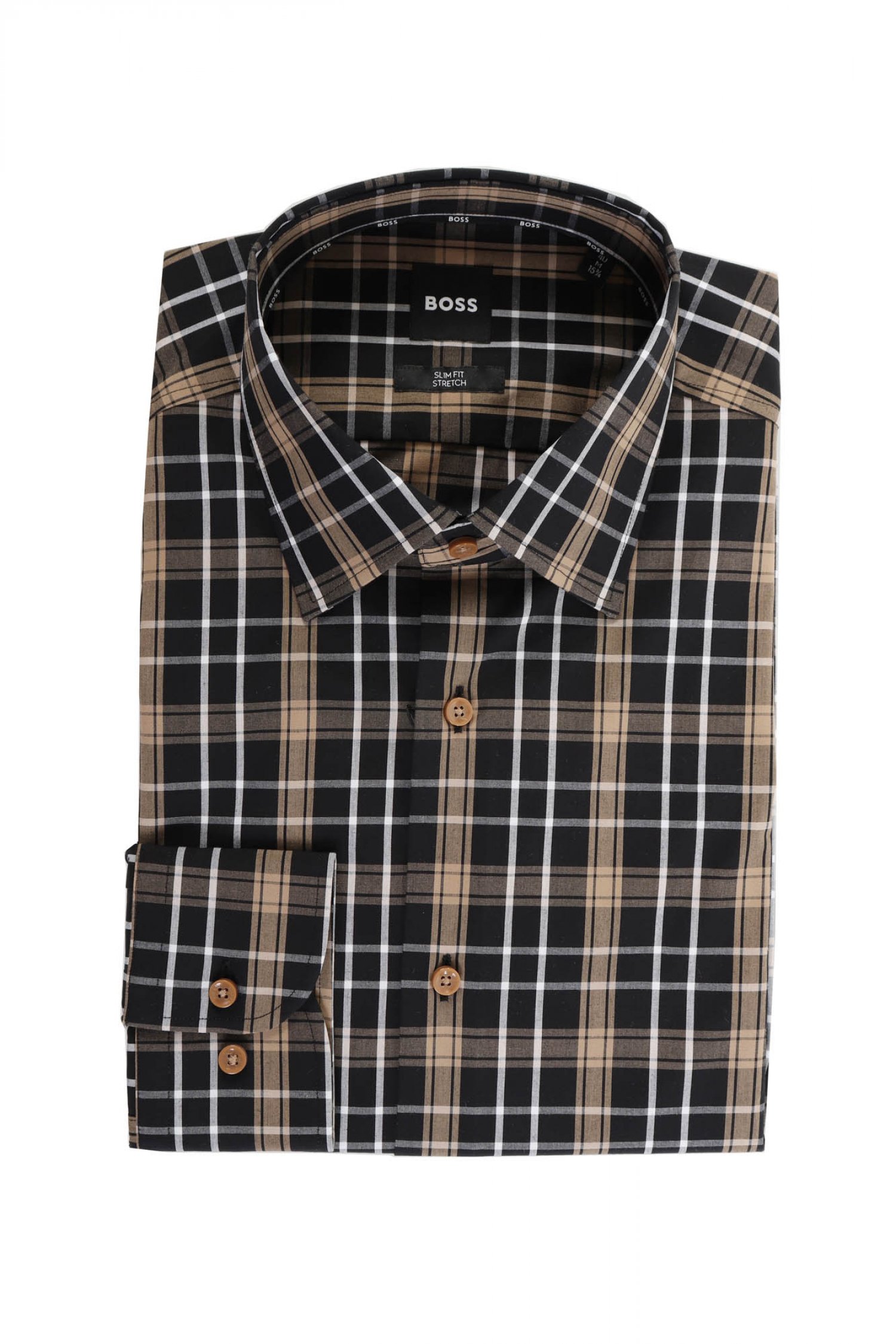 BOSS ΠΟΥΚΑΜΙΣΟ ΚΑΡΩ SLIM FIT STRETCH H-HANK-KENT-C1-214 ΜΠΕΖ-ΜΑΥΡΟ