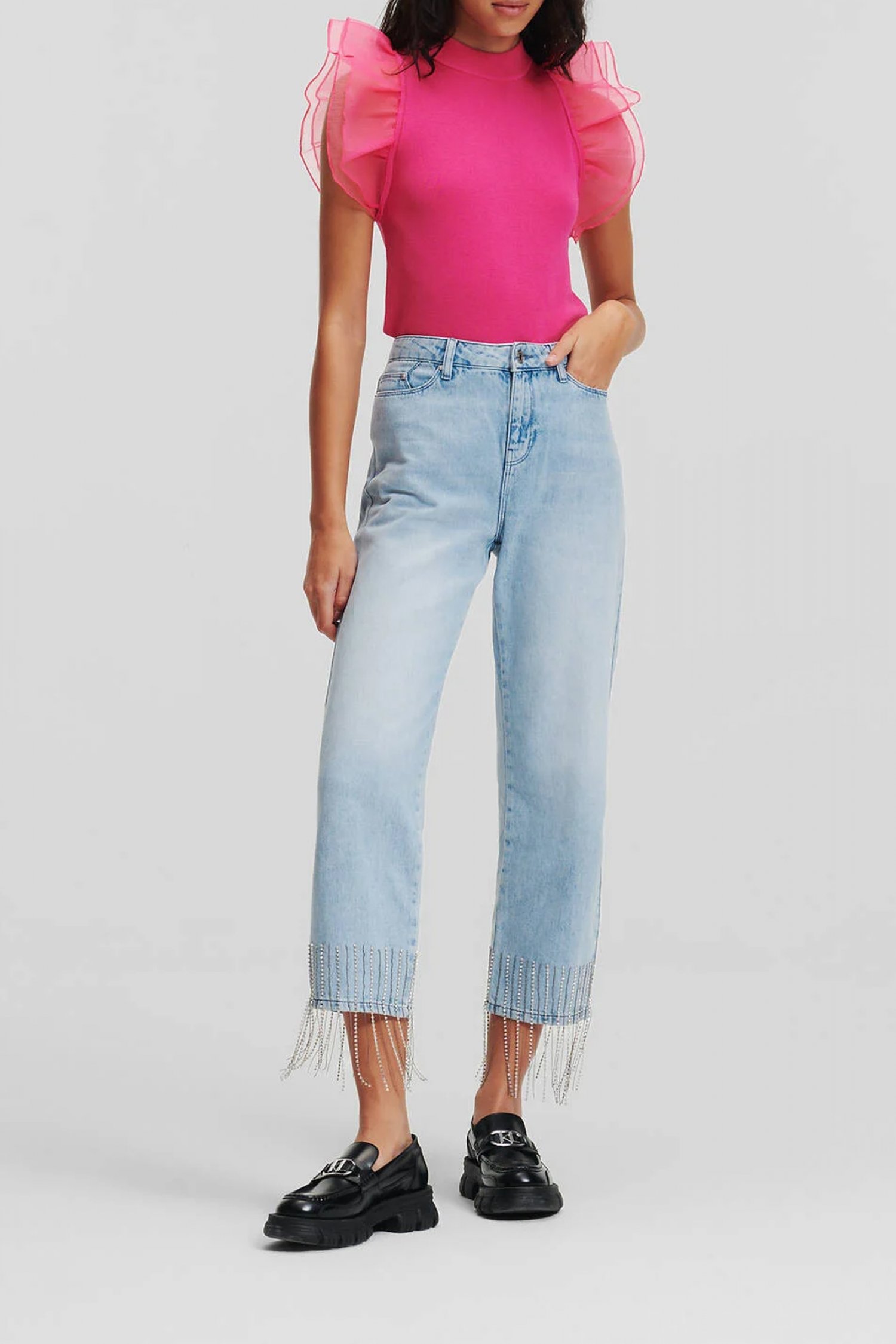 KARL LAGERFELD ΠΑΝΤΕΛΟΝΙ JEANS ΨΗΛΟΜΕΣΟ RHINESTONES DENIM ΑΝΟΙΧΤΟ ΜΠΛΕ