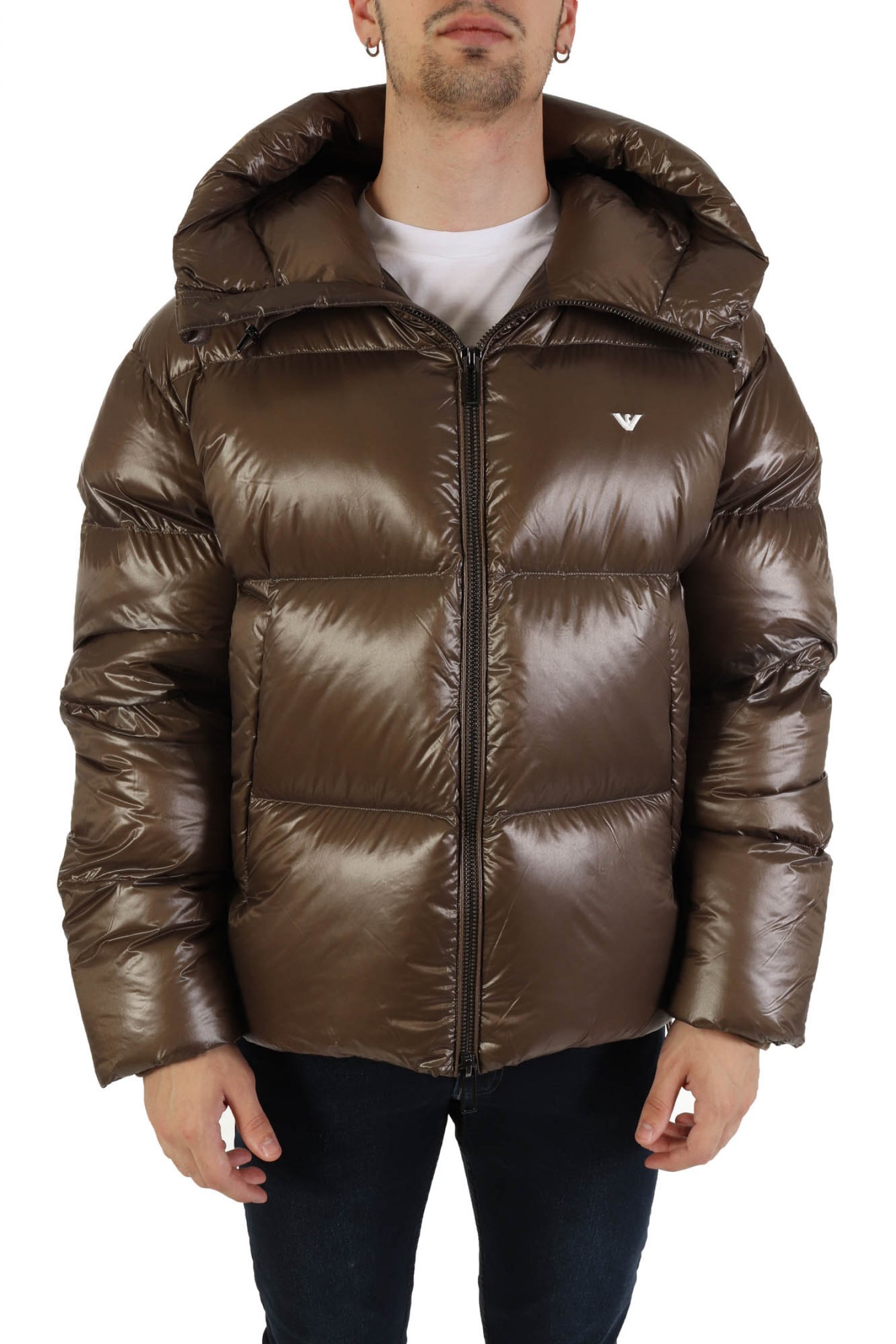 EMPORIO ARMANI ΜΠΟΥΦΑΝ PUFFER HOODIE LOGO ΓΚΡΙ-ΛΑΔΙ