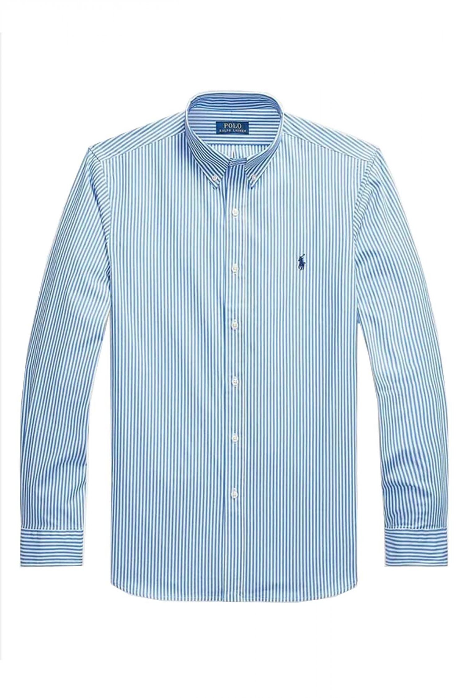 RALPH LAUREN ΠΟΥΚΑΜΙΣΟ ΡΙΓΕ BUTTON DOWN CUSTOM FIT STRETCH ΣΙΕΛ-ΛΕΥΚΟ