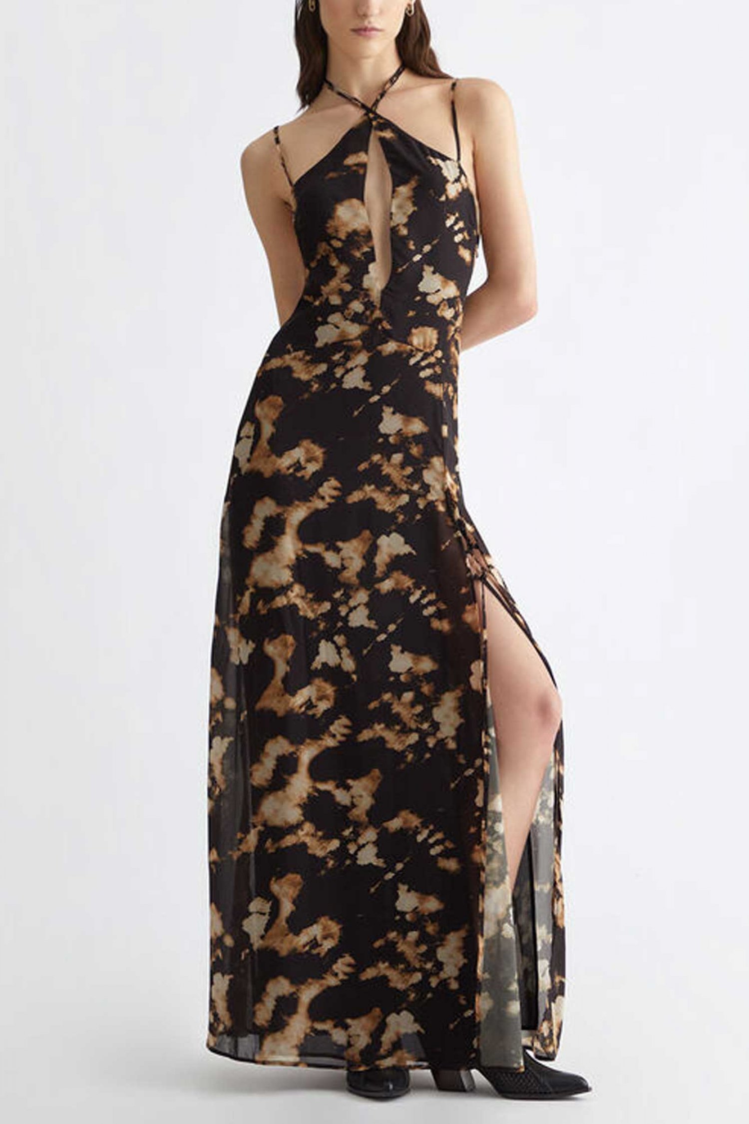 LIU JO GEORGETTE ΦΟΡΕΜΑ MAXI ALL OVER PRINT ΑΝΟΙΓΜΑ ΜΑΥΡΟ-ΜΠΕΖ