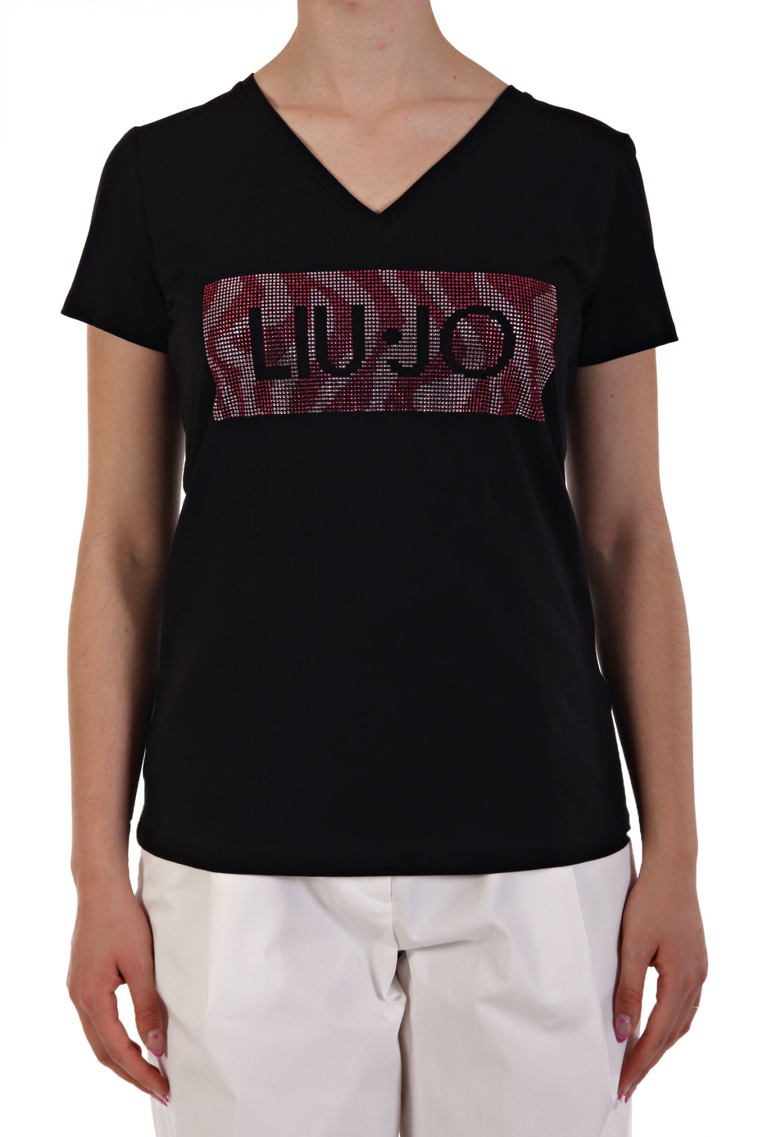 LIU-JO T-SHIRT V-NECK LOGO ΣΤΡΑΣ ΜΑΥΡΟ