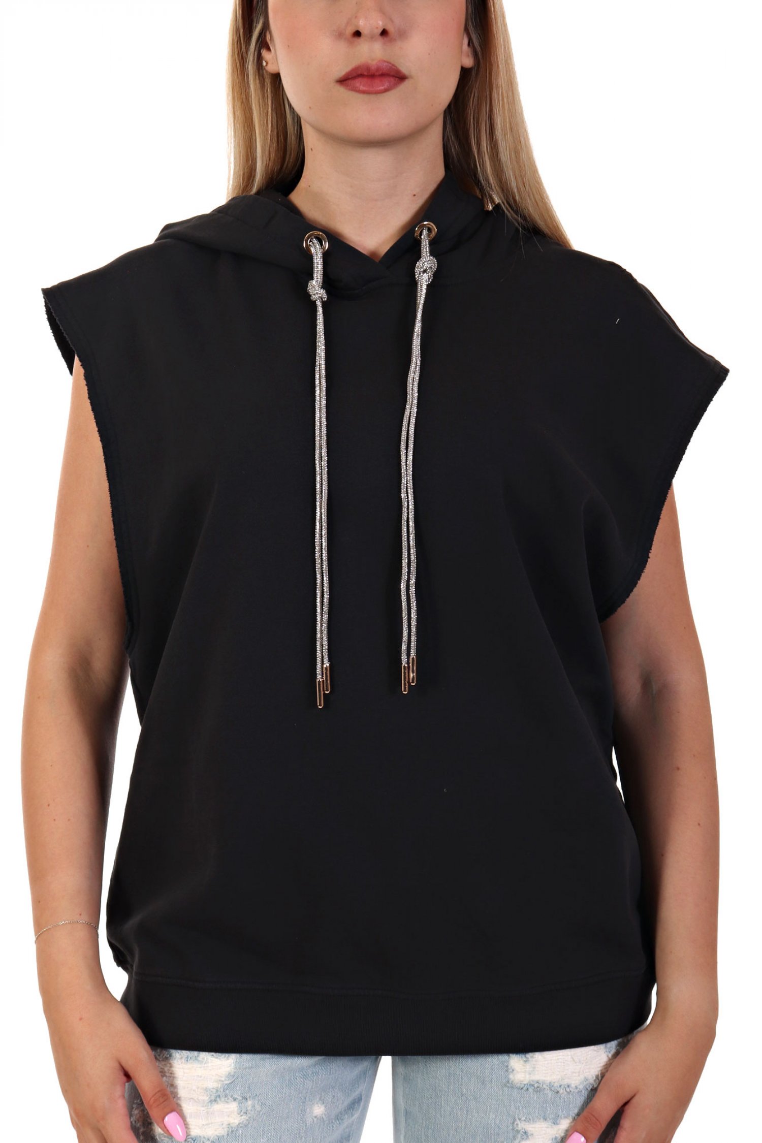 PINKO TOP HOODIE MINERVA MAGLIA FELPA LAVATA SILK ΚΟΡΔΟΝΙ ΣΤΡΑΣ ΜΑΥΡΟ