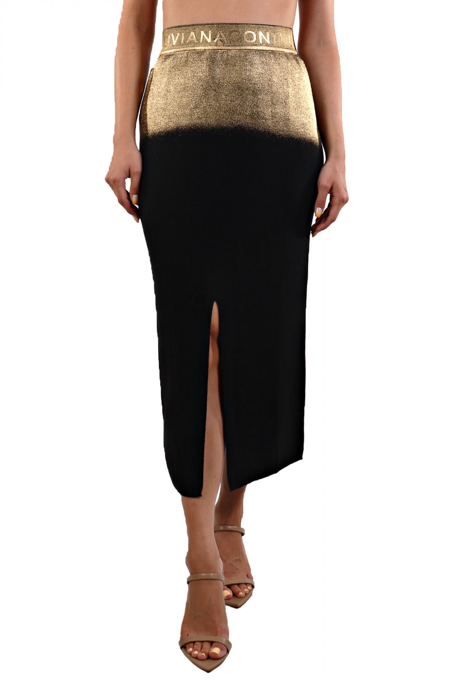 LIVIANA CONTI ΦΟΥΣΤΑ MIDI ΖΩΝΗ ΕΛΑΣΤΙΚΗ LOGO ΑΝΟΙΓΜΑ ΠΙΣΩ ΧΡΥΣΟ/ΜΑΥΡΟ
