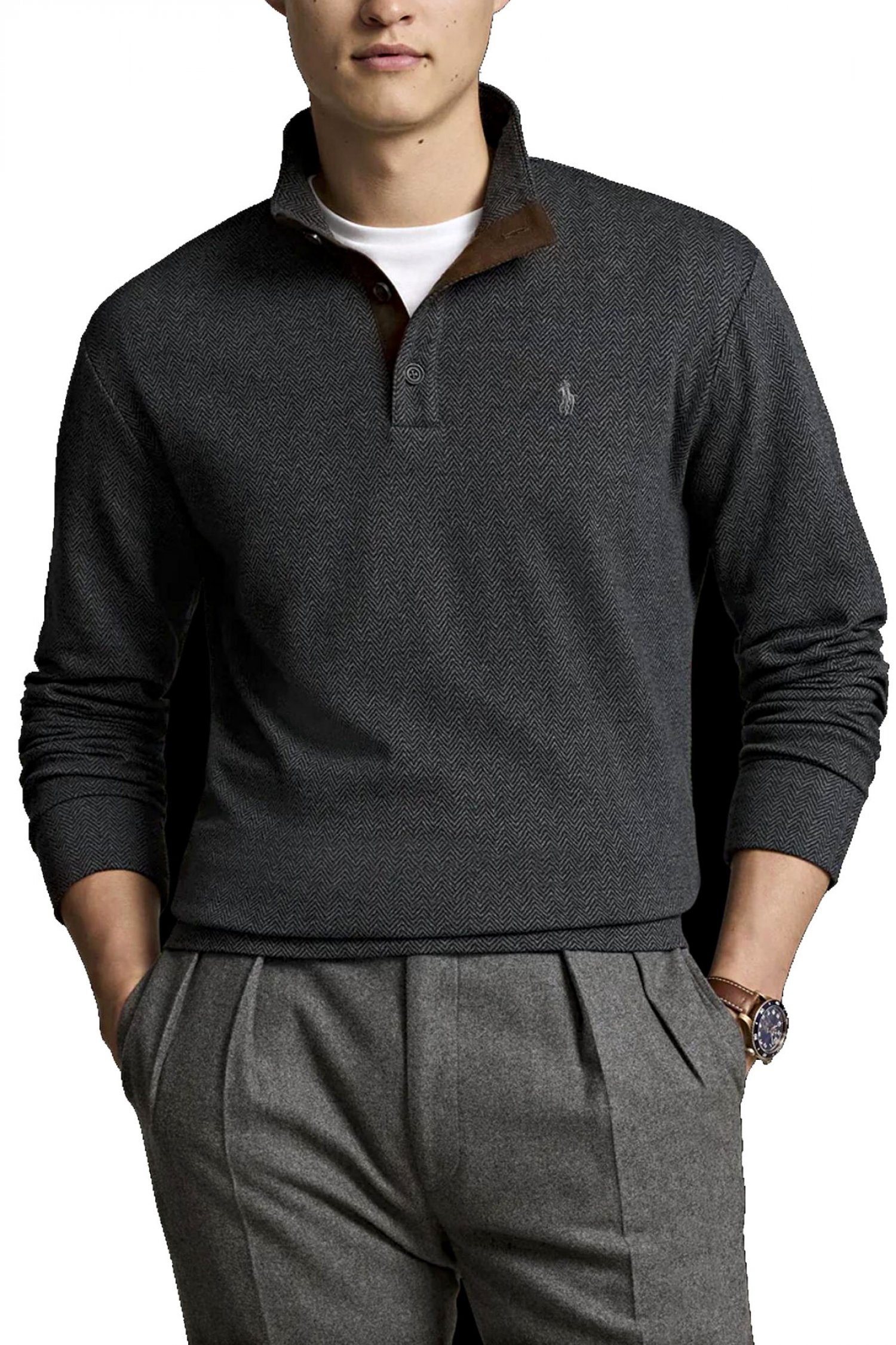 RALPH LAUREN ΠΛΕΚΤΟ HALFBUTTON FISHBONE LOGO ΓΚΡΙ