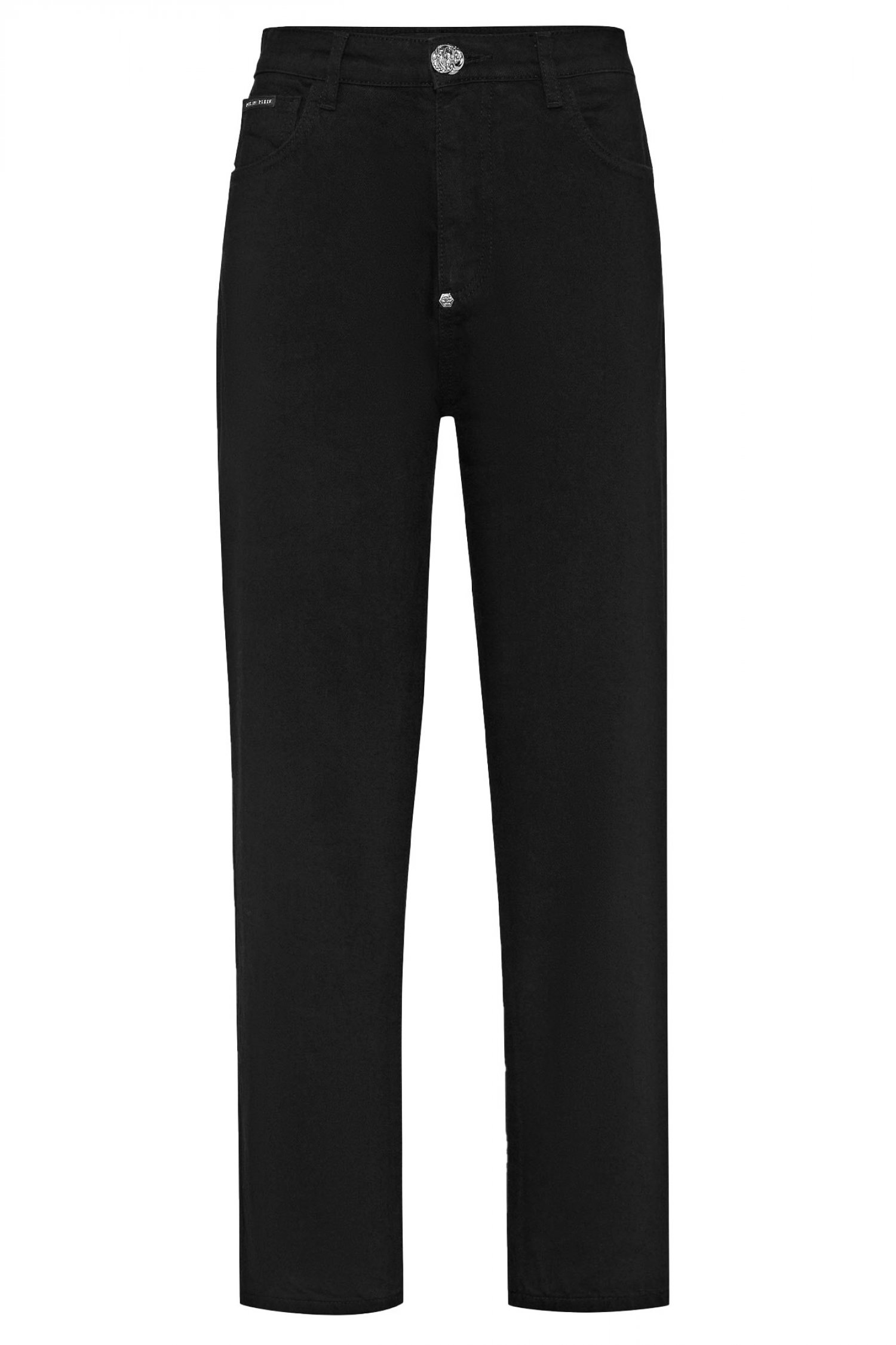 PHILIPP PLEIN ΠΑΝΤΕΛΟΝΙ JEANS MOM FIT HEXAGON LOGO ΜΕΤΑΛΛΙΚΟ ΜΑΥΡΟ