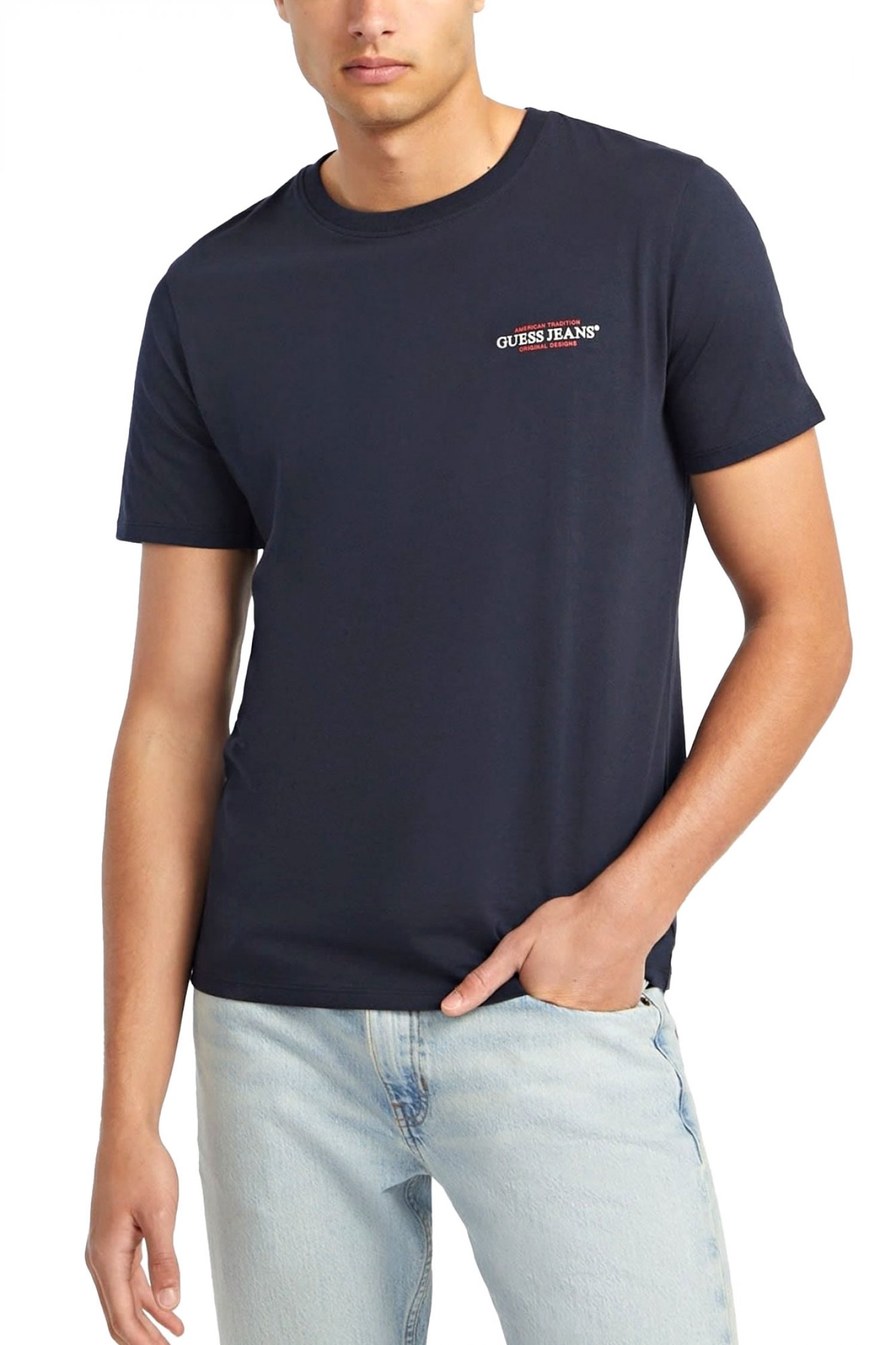 GUESS JEANS T-SHIRT CREWNECK SLIM FIT LOGO ΜΠΛΕ