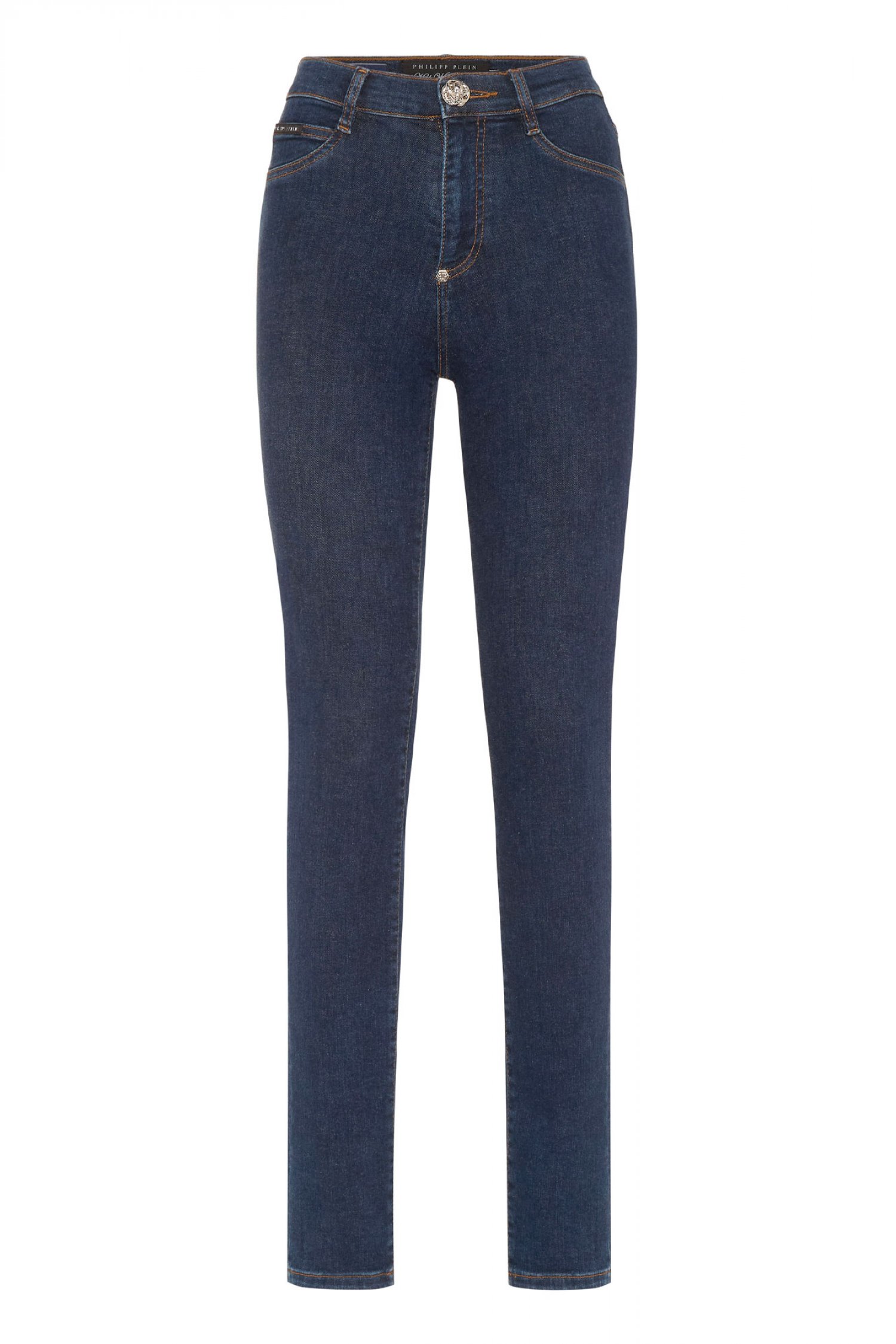 PHILIPP PLEIN ΠΑΝΤΕΛΟΝΙ JEANS HIGH WAIST JEGGING HEXAGON LOGO ΜΕΤΑΛΛΙΚΟ ΣΤΡΑΣ ΜΠΛΕ