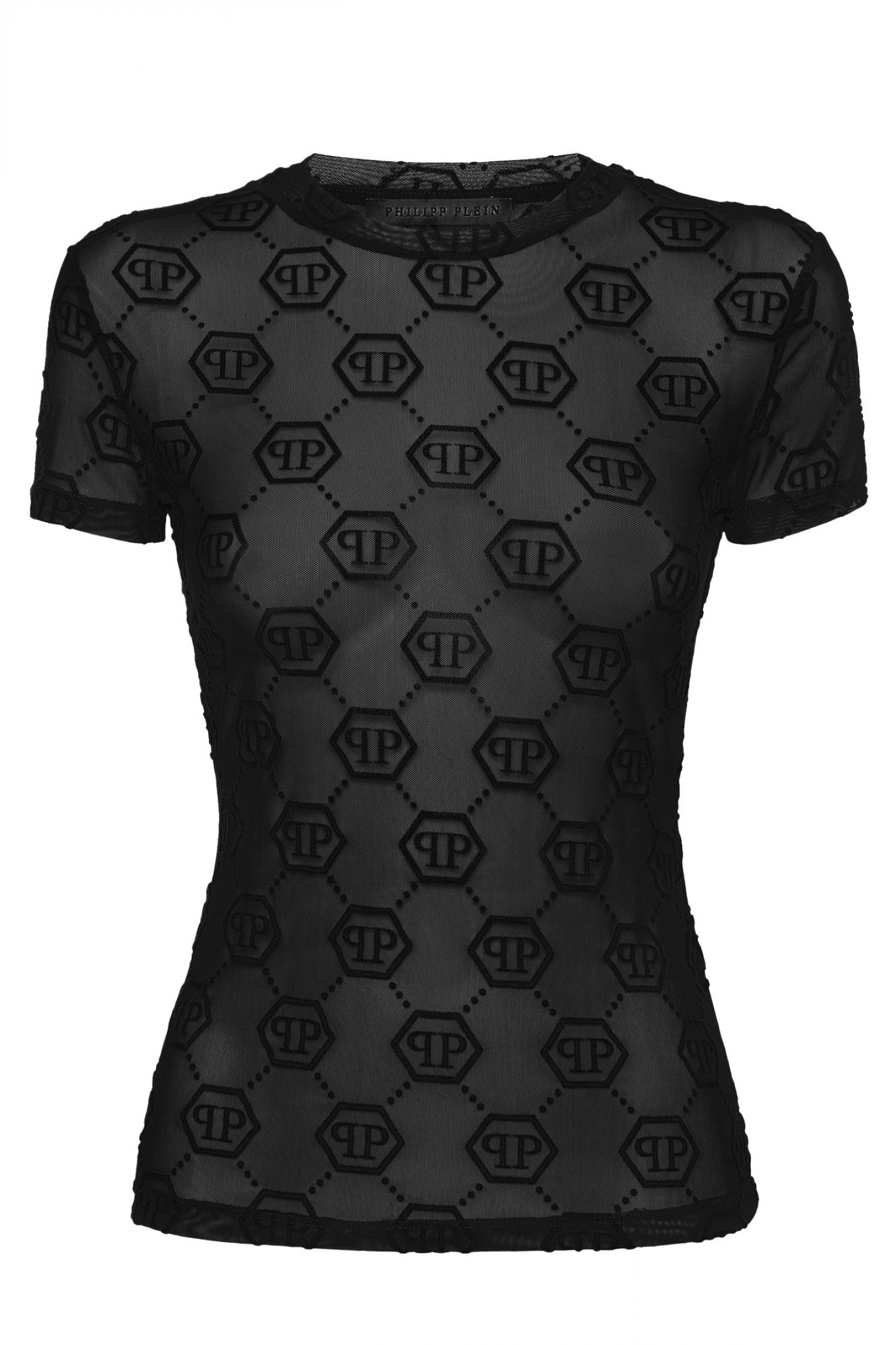 PHILIPP PLEIN T-SHIRT ROUND NECK SS ALL OVER MONOGRAM C-THROU ΜΑΥΡΟ