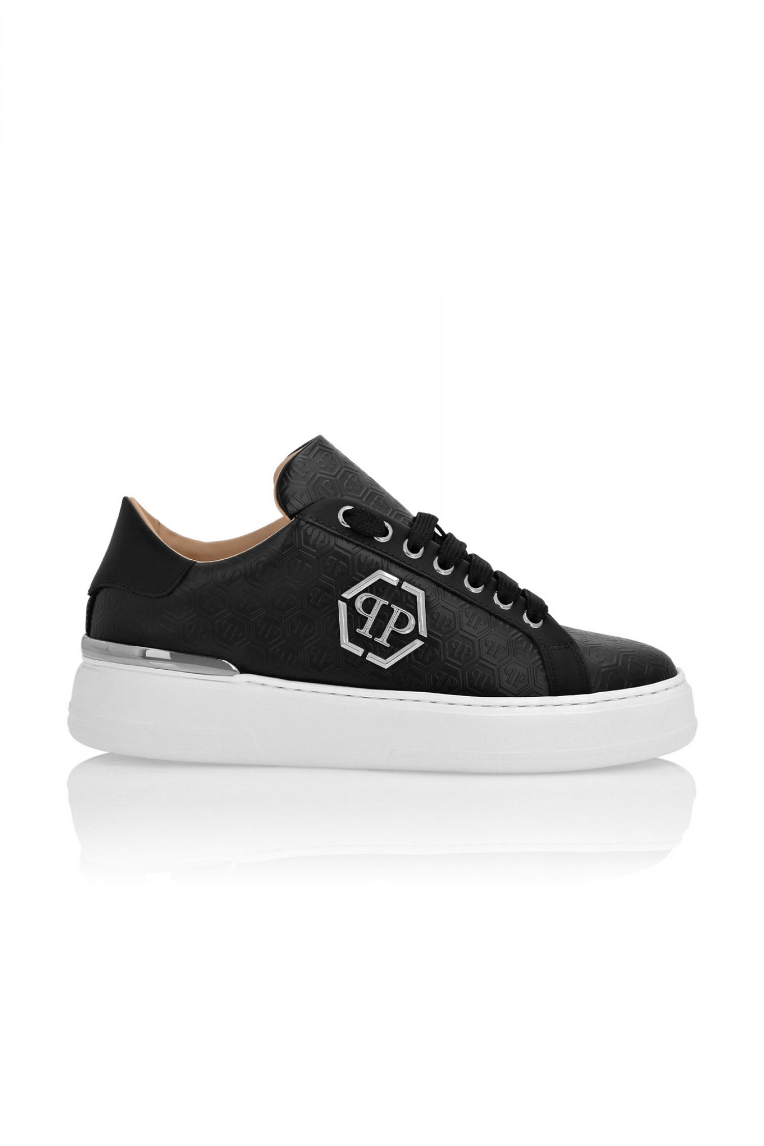 PHILIPP PLEIN SNEAKERS NAPPA LEATHER LO-TOP ALL OVER MONOGRAM LOGO ΜΕΤΑΛΛΙΚΟ ΜΑΥΡΟ