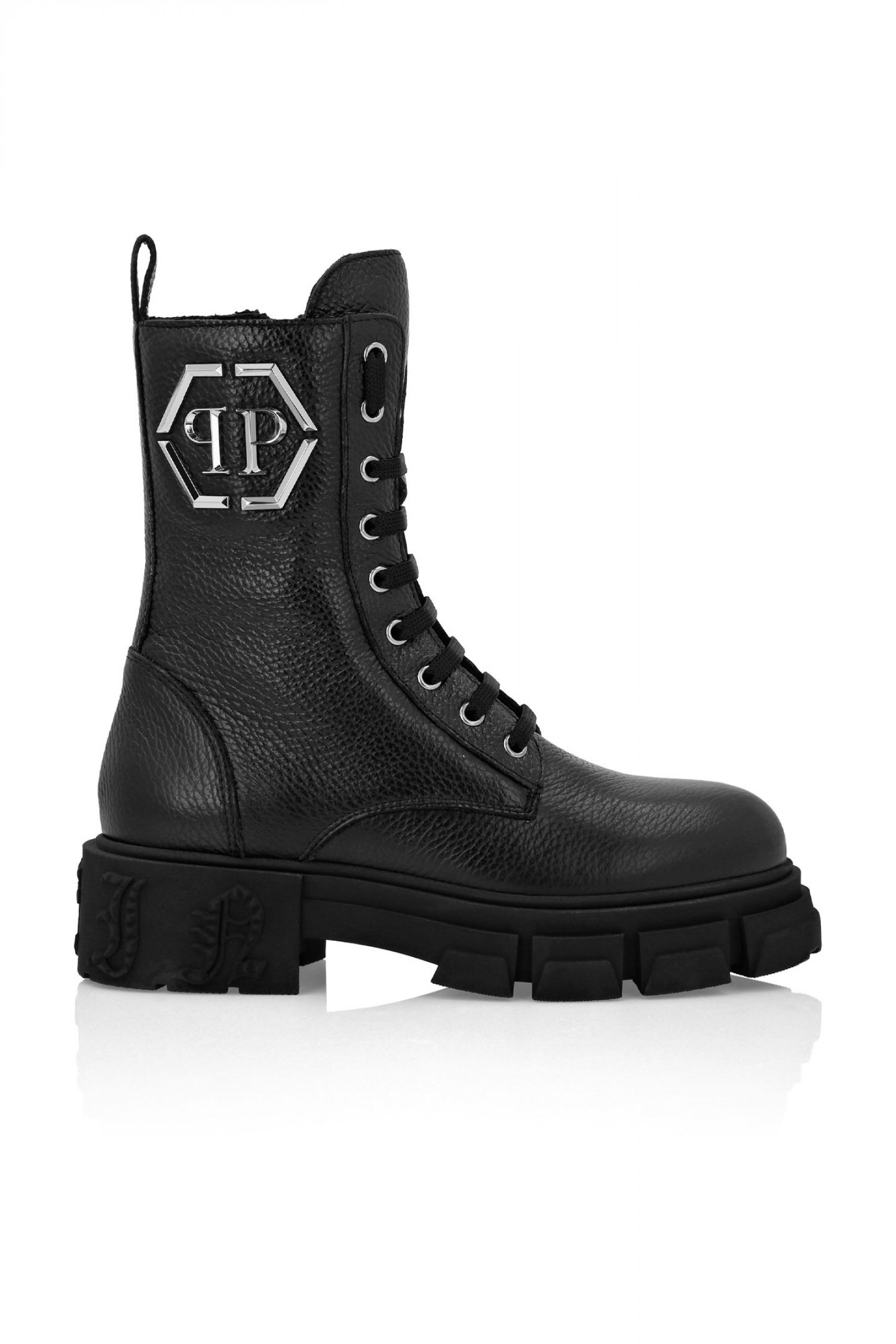 PHILIPP PLEIN ΜΠΟΤΑΚΙ EMPOSSED LEATHER BOOTS MID FLAT LOGO ΜΕΤΑΛΛΙΚΟ ΜΑΥΡΟ