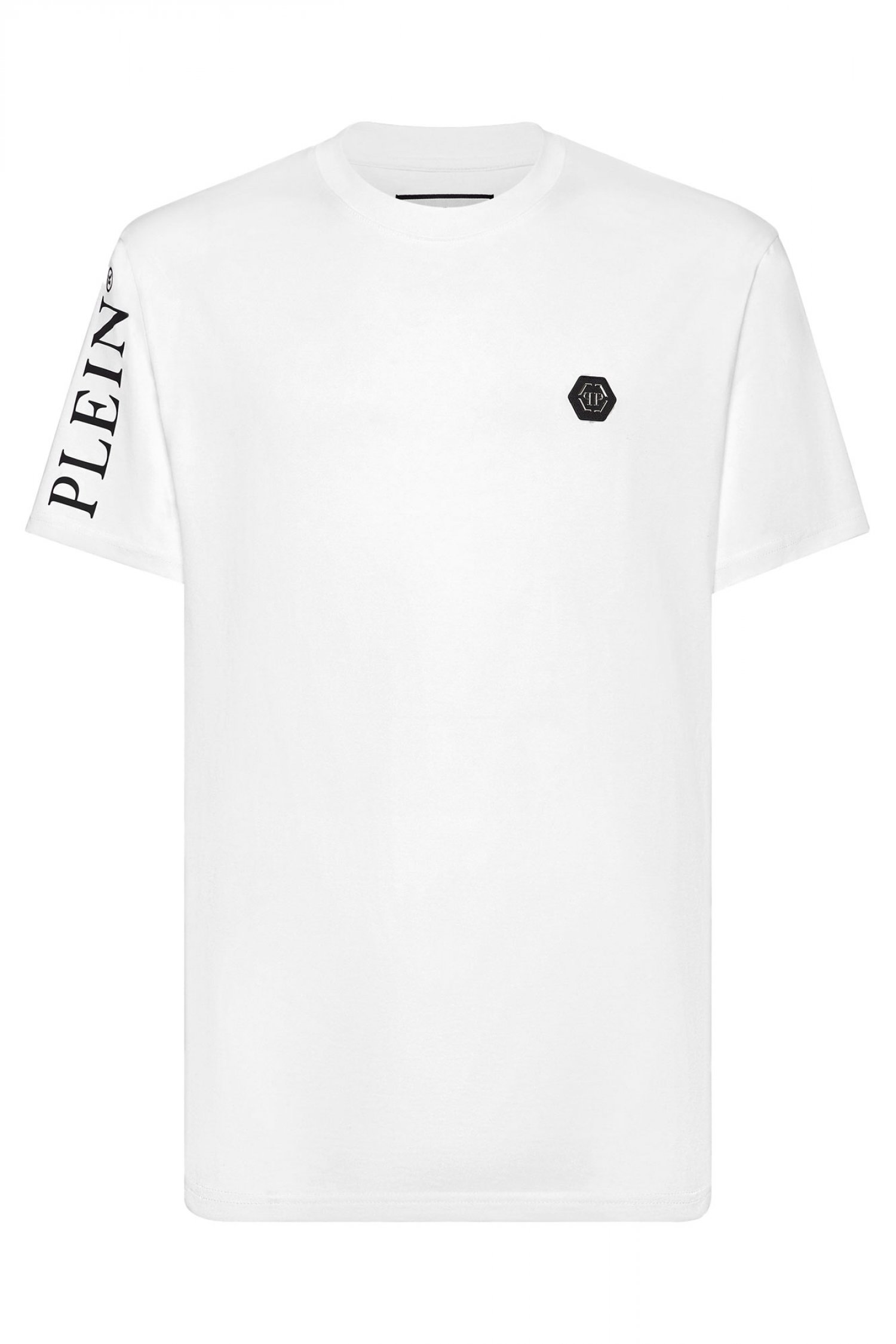 PHILIPP PLEIN T-SHIRT ROUND NECK SS LOGO ΜΕΤΑΛΛΙΚΟ ΛΕΥΚΟ