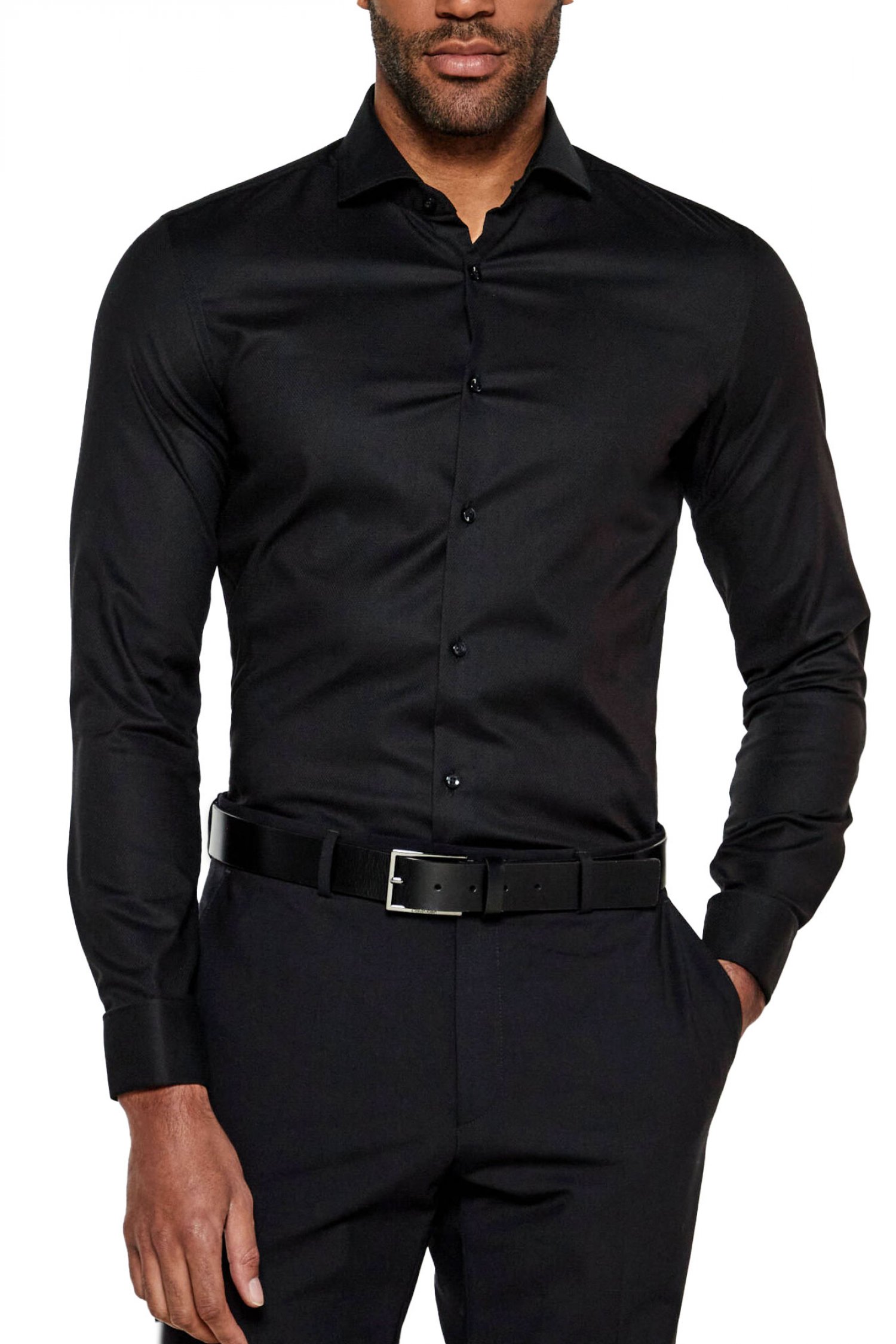 BOSS ΠΟΥΚΑΜΙΣΟ ΜΑΝΙΚΕΤΟΚΟΥΜΠΟ SLIM FIT EASY IRON H-HANK-SPREAD-DC-214 ΜΑΥΡΟ