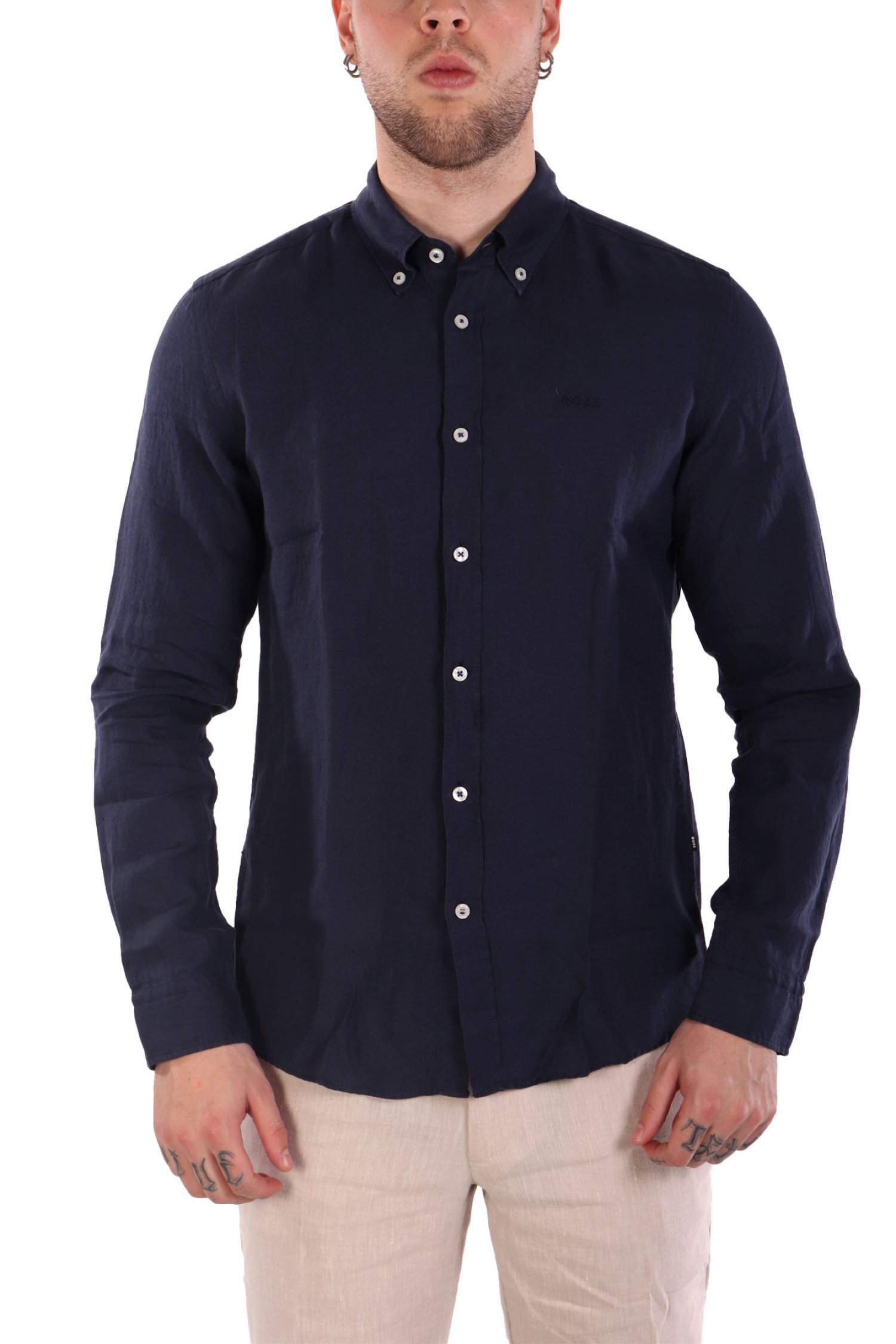 BOSS ΠΟΥΚΑΜΙΣΟ BUTTON DOWN ΛΙΝΟ SLIM FIT H-ROAN-BD-E-C1-243 ΜΠΛΕ