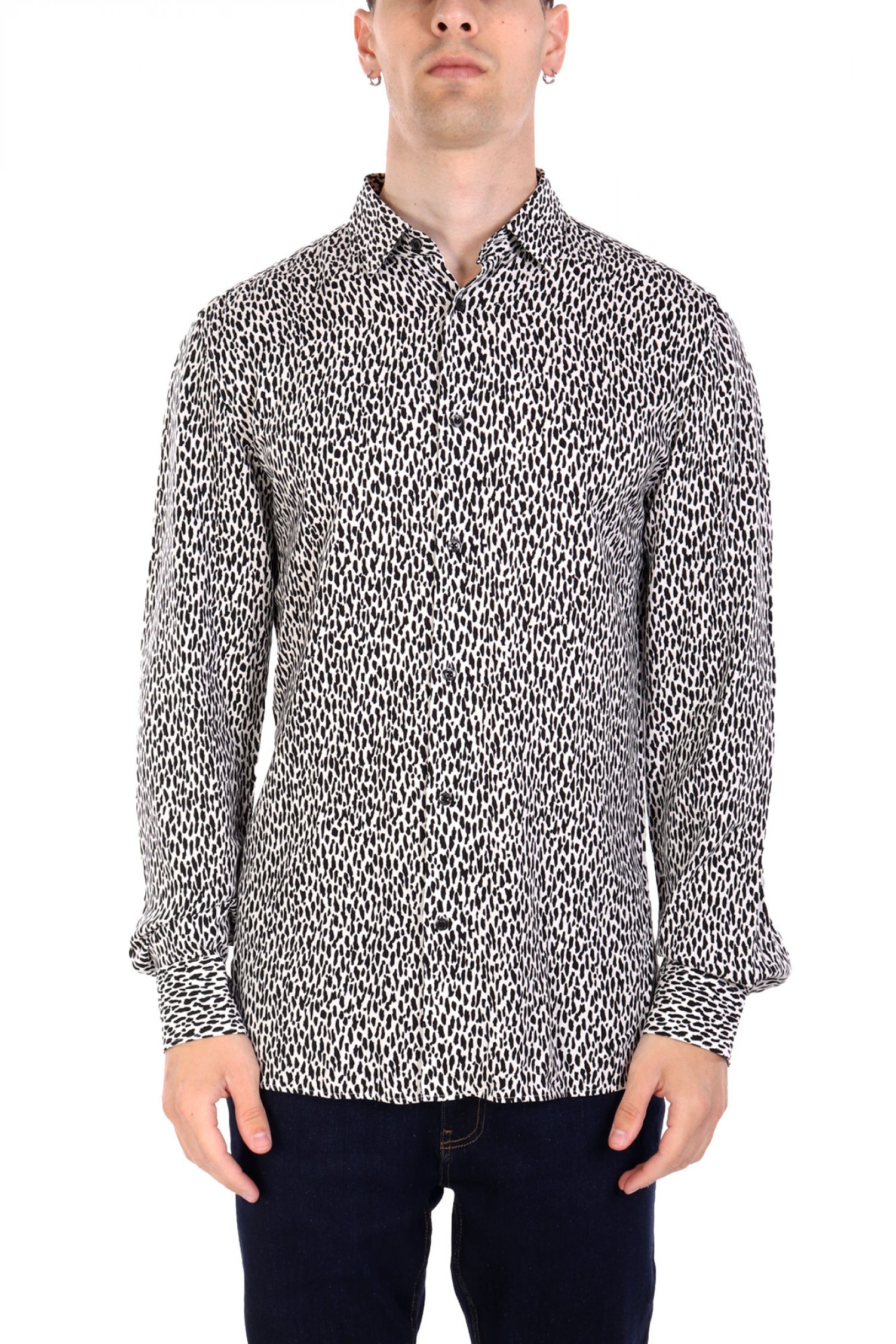 HUGO ΠΟΥΚΑΜΙΣΟ ELISHA02 EXTRA-SLIM FIT ΜΙΚΡΟΣΧΕΔΙΟ ΜΑΥΡΟ-ΛΕΥΚΟ