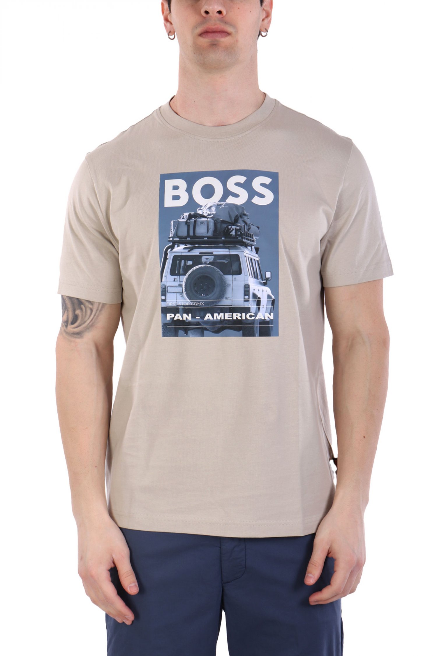 BOSS CASUAL T-SHIRT ΜΕ ΣΤΑΜΠΑ REGULAR FIT TE_MEXTOUR ΑΝΟΙΧΤΟ ΜΠΕΖ