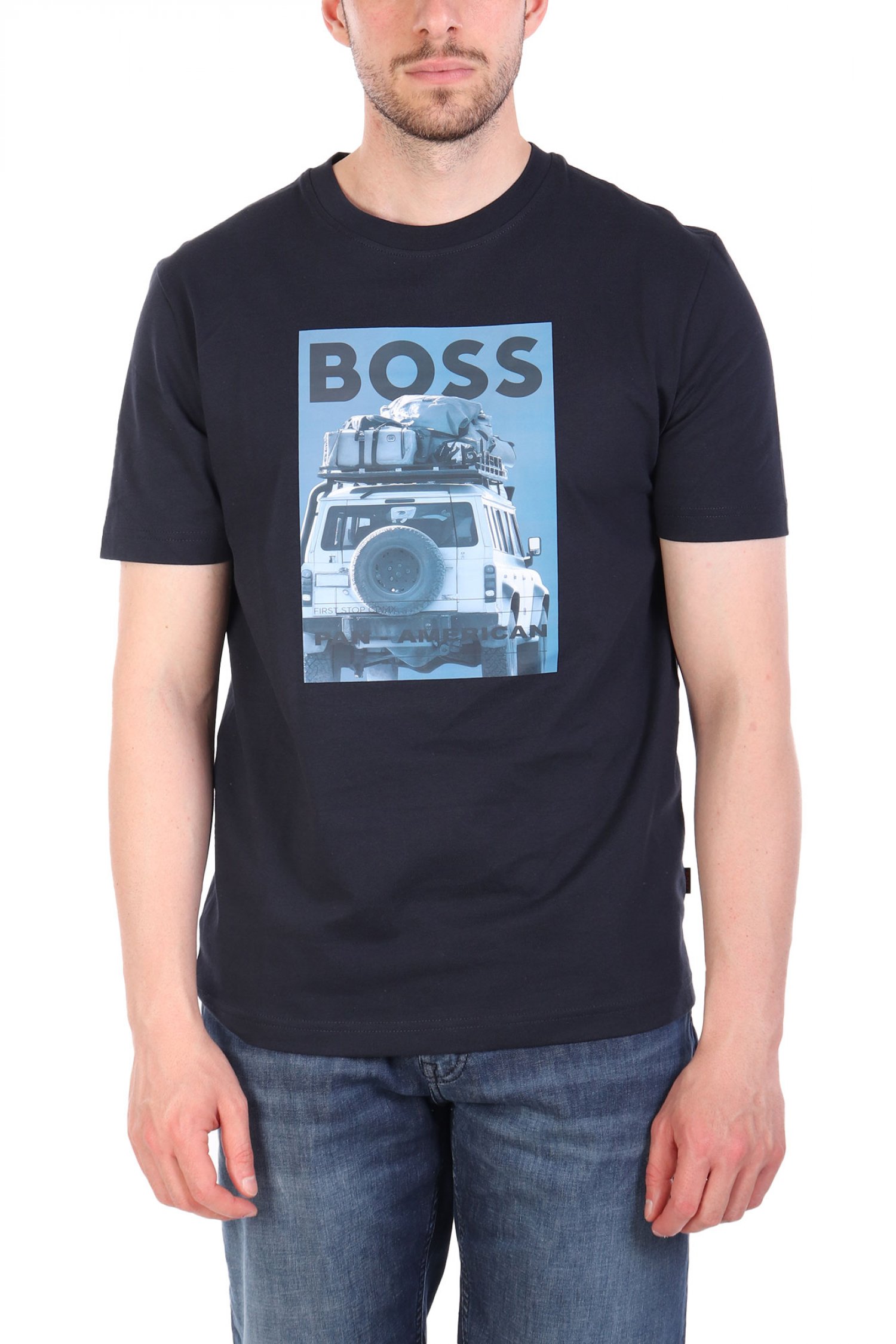 BOSS CASUAL T-SHIRT ΜΕ ΣΤΑΜΠΑ REGULAR FIT TE_MEXTOUR ΣΚΟΥΡΟ ΜΠΛΕ