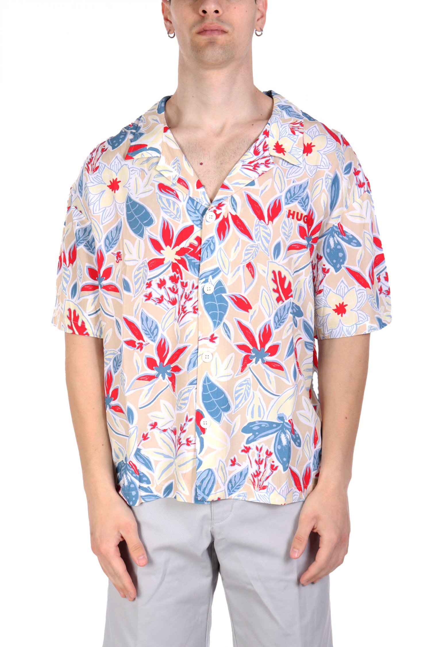 HUGO ΠΟΥΚΑΜΙΣΟ ΚΟΝΤΟΜΑΝΙΚΟ BEACH SHIRT RELAXED LOGO ΠΟΛΥΧΡΩΜΟ