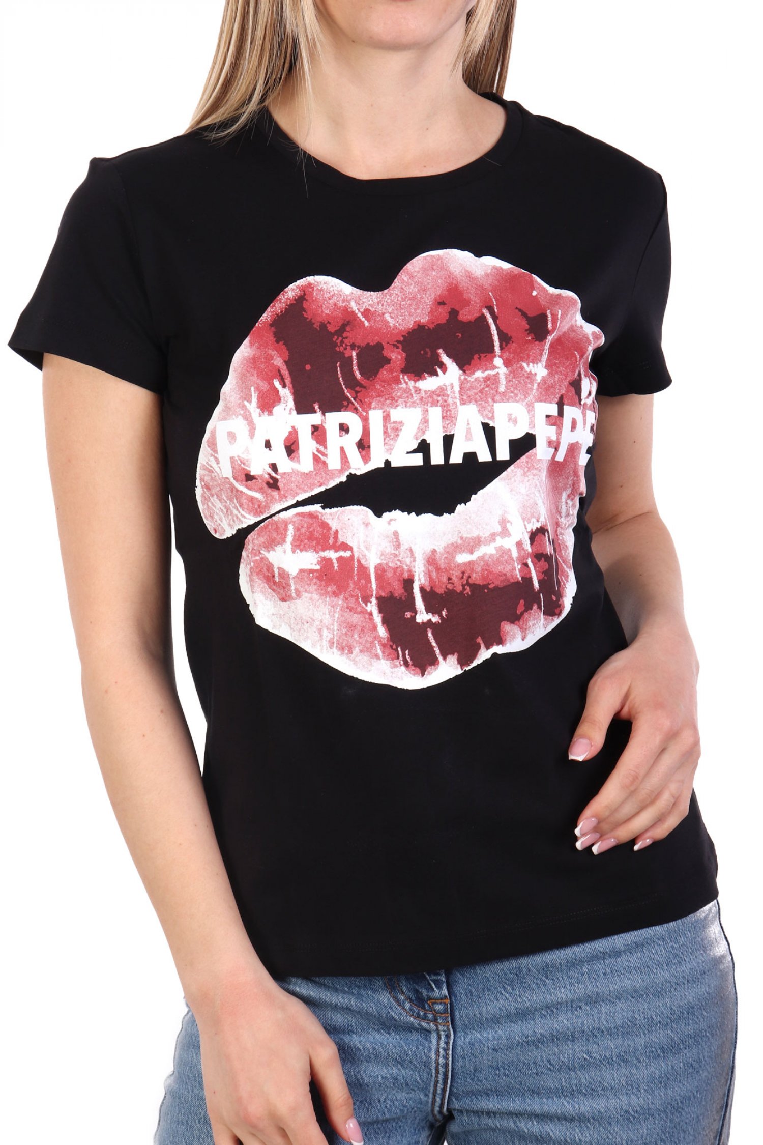 PATRIZIA PEPE MAGLIA T-SHIRT LOGO ΜΑΥΡΟ-ΜΠΟΡΝΤΩ