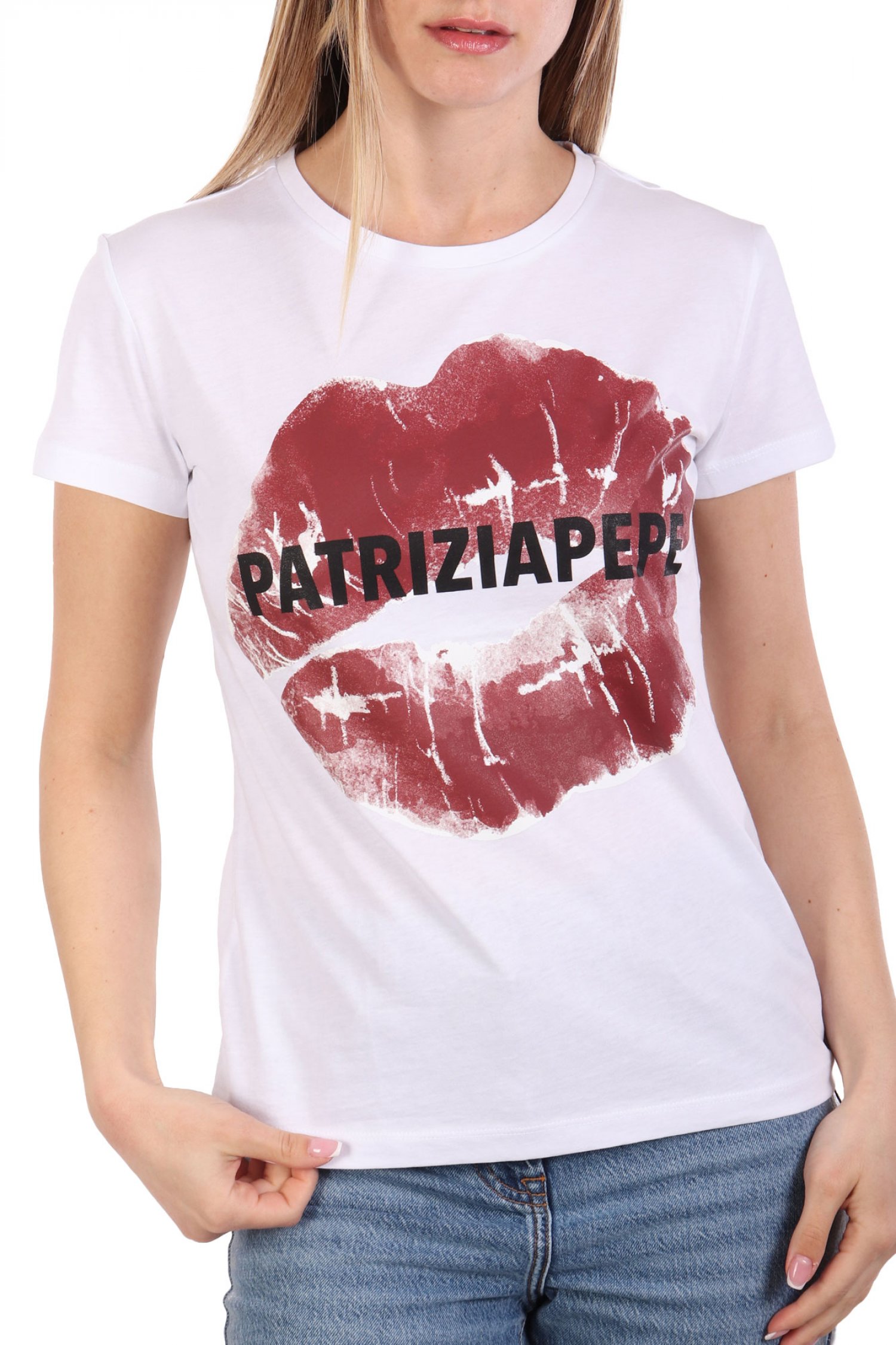 PATRIZIA PEPE MAGLIA T-SHIRT LOGO ΛΕΥΚΟ-ΜΠΟΡΝΤΩ