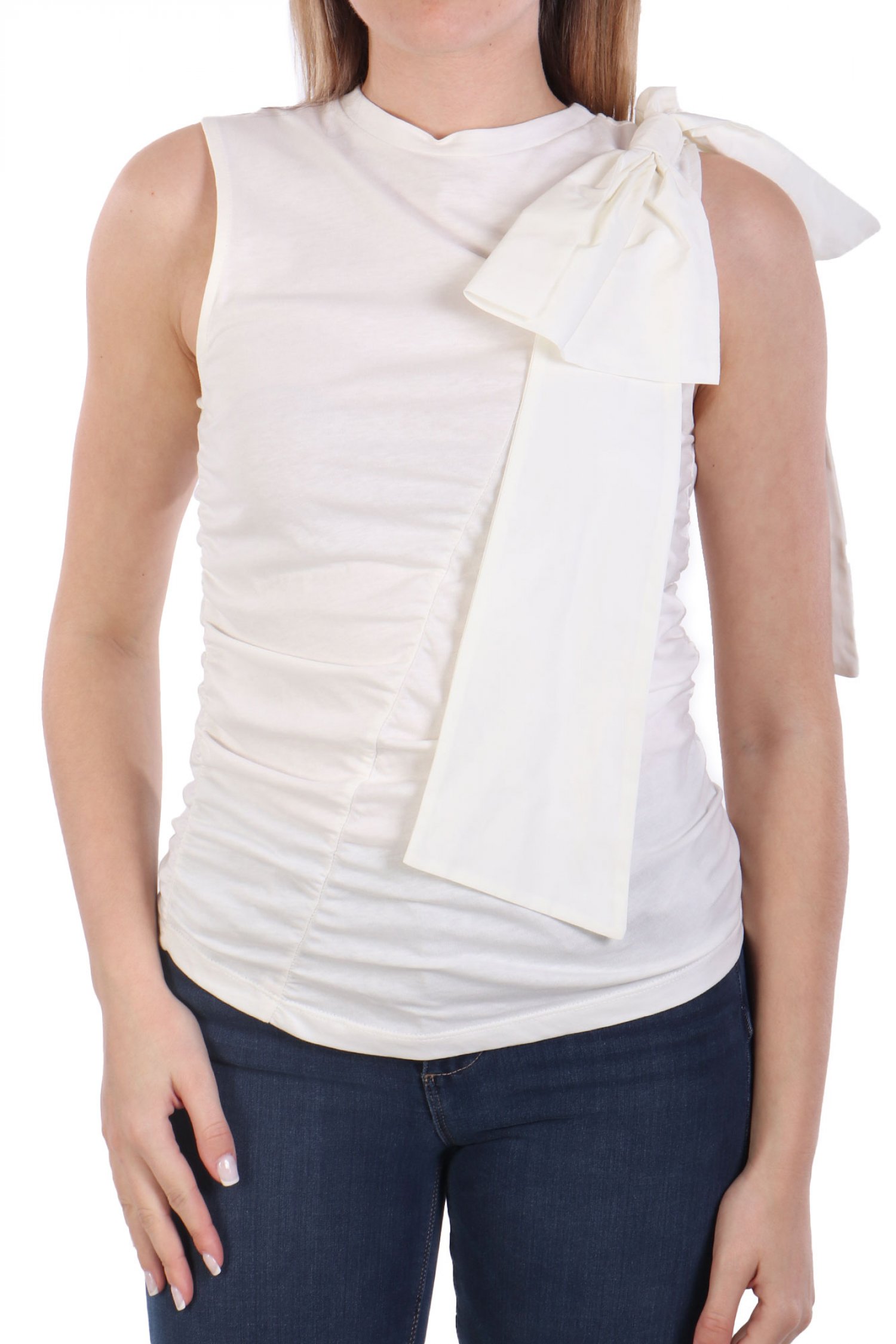 LIU-JO ΜΠΛΟΥΖΑ TOP CON FIOCCO ΑΜΑΝΙΚΟ ΝΤΡΑΠΕ ΦΙΟΓΚΟΣ ΥΠΟΛΕΥΚΟ