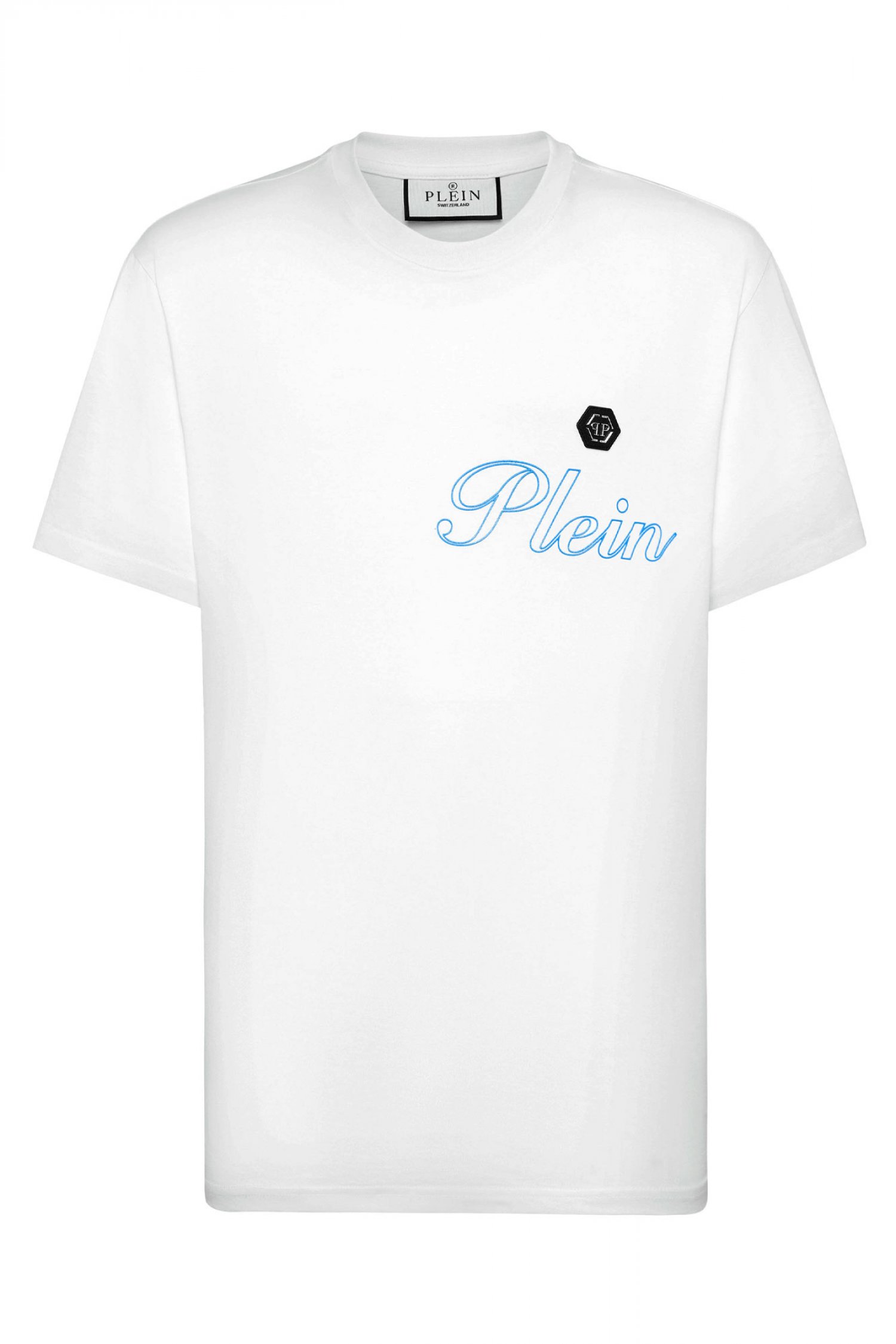 PHILIPP PLEIN T-SHIRT ROUND NECK SS LOGO ΜΕΤΑΛΛΙΚΟ ΛΕΥΚΟ-ΜΠΛΕ