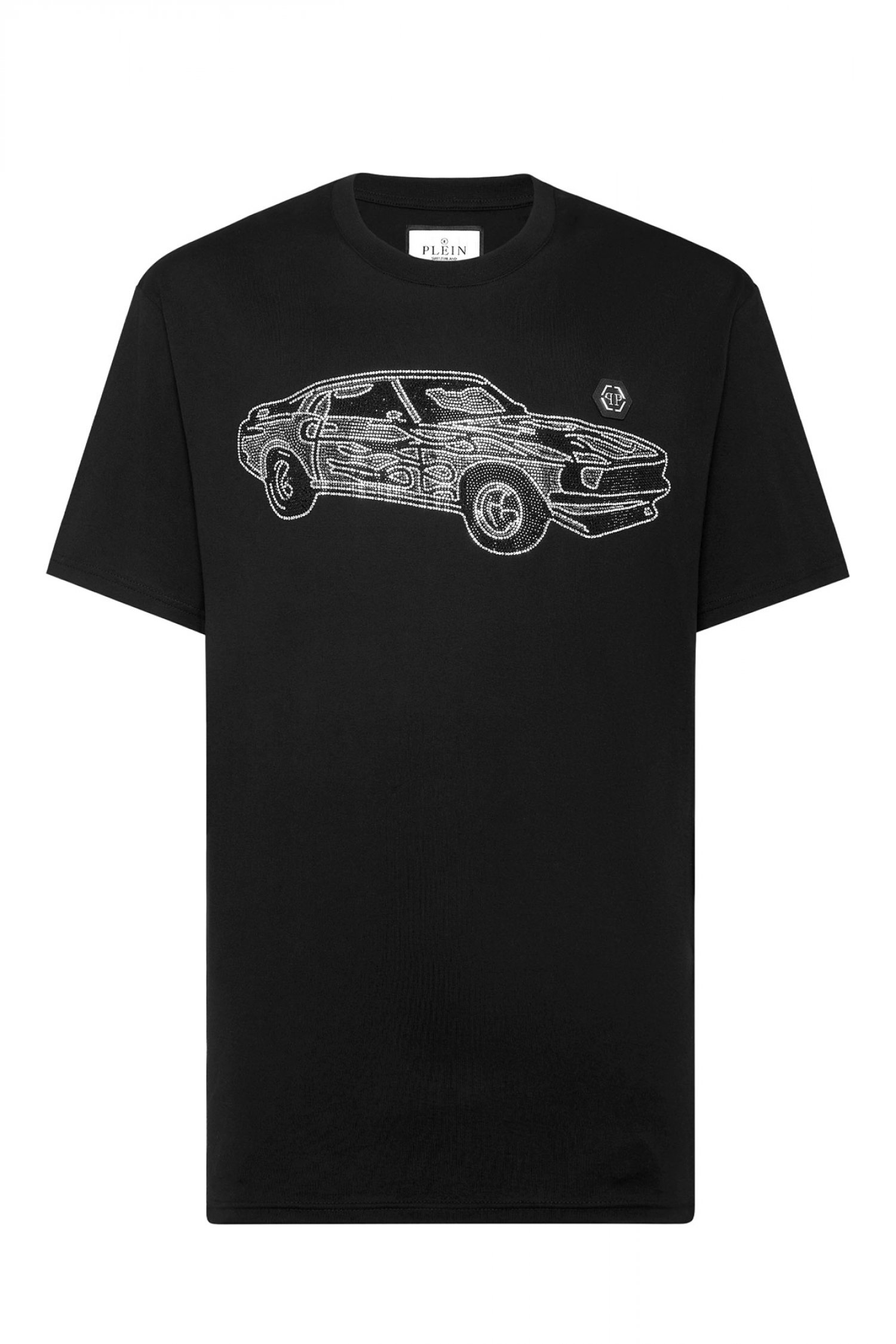 PHILIPP PLEIN T-SHIRT ROUND NECK SS STRASS CARS RACING LOGO ΜΑΥΡΟ