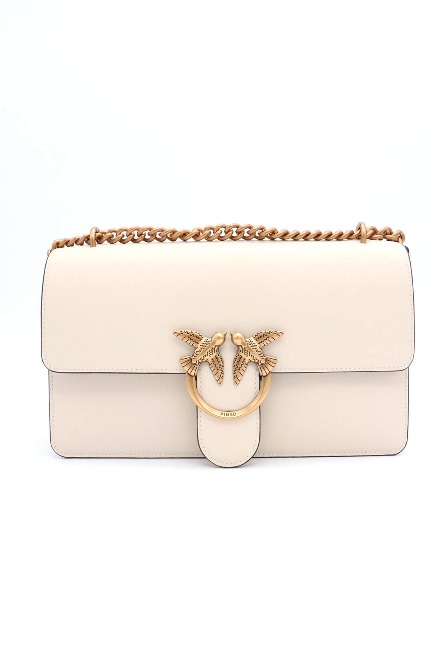 PINKO ΤΣΑΝΤΑ LOVE ONE CLASSIC DC VITELLO SETA LOGO ΛΕΥΚΟ-ANTIQUE GOLD