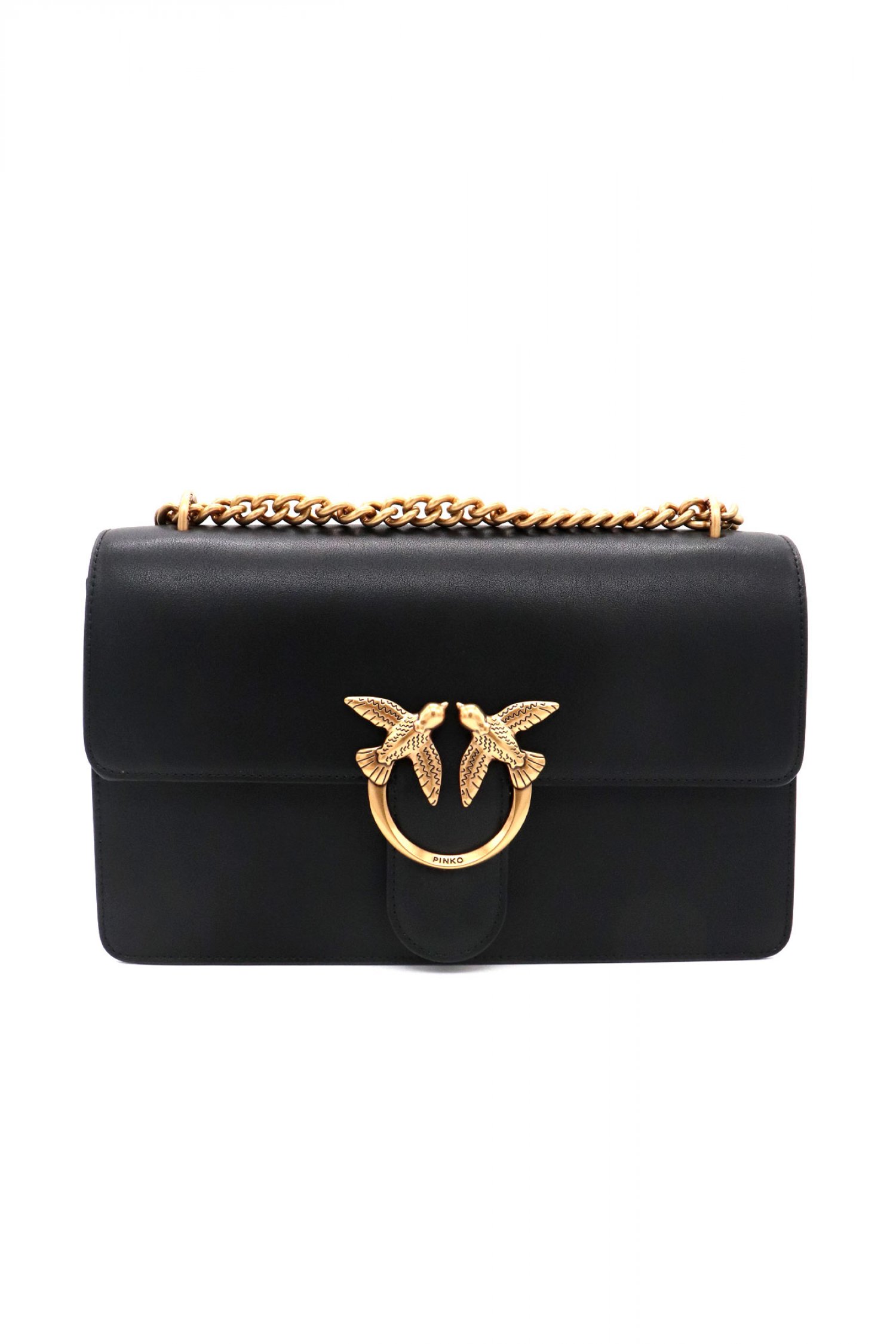 PINKO ΤΣΑΝΤΑ LOVE ONE CLASSIC DC VITELLO SETA LOGO ΜΑΥΡΟ-ANTIQUE GOLD