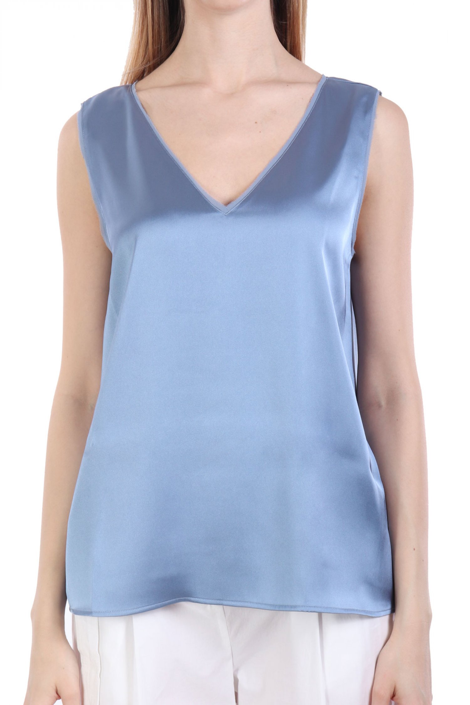 MARELLA TOP LIEN ΣΑΤΕΝ V-NECK ΣΙΕΛ