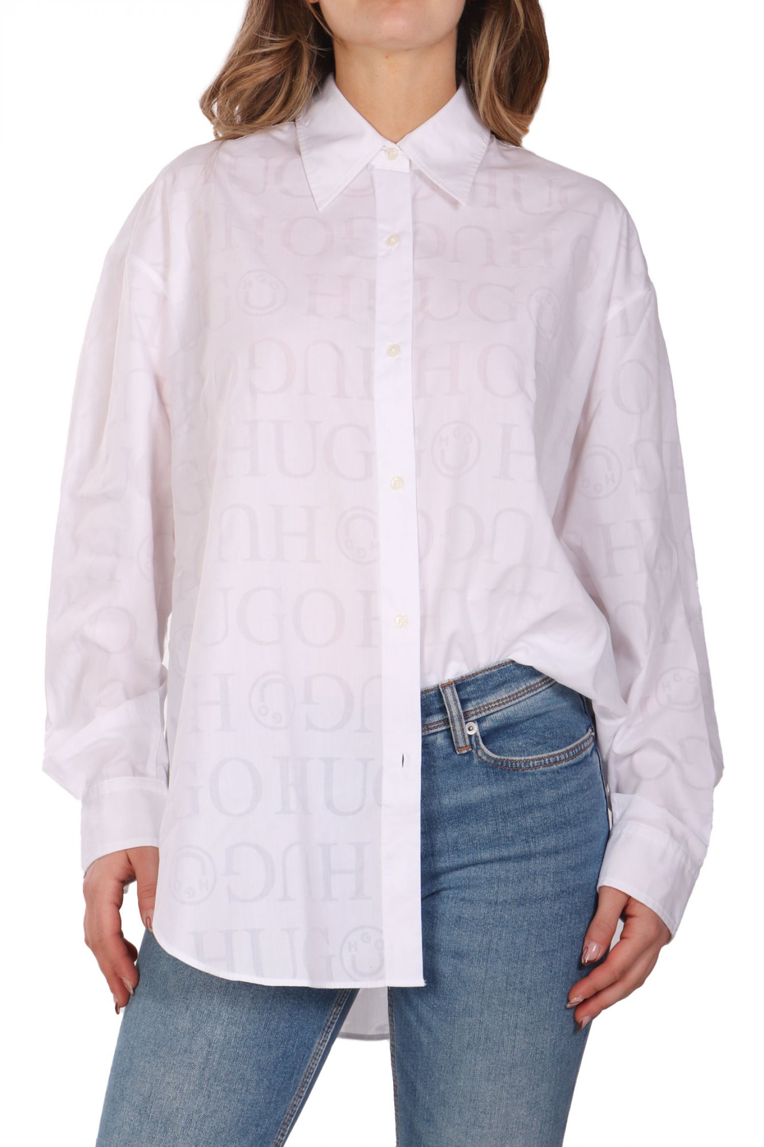 HUGO BLUE ΠΟΥΚΑΜΙΣΟ ELISANA_B ALL OVER LOGO ΛΕΥΚΟ