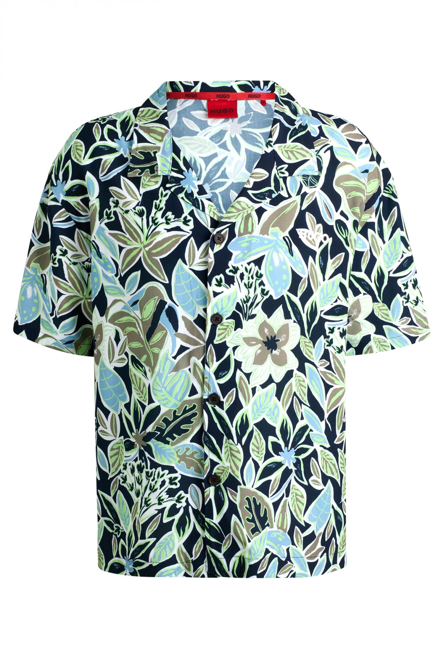 HUGO ΠΟΥΚΑΜΙΣΟ ΚΟΝΤΟΜΑΝΙΚΟ BEACH SHIRT RELAXED FLORAL LOGO ΜΠΛΕ-ΠΡΑΣΙΝΟ