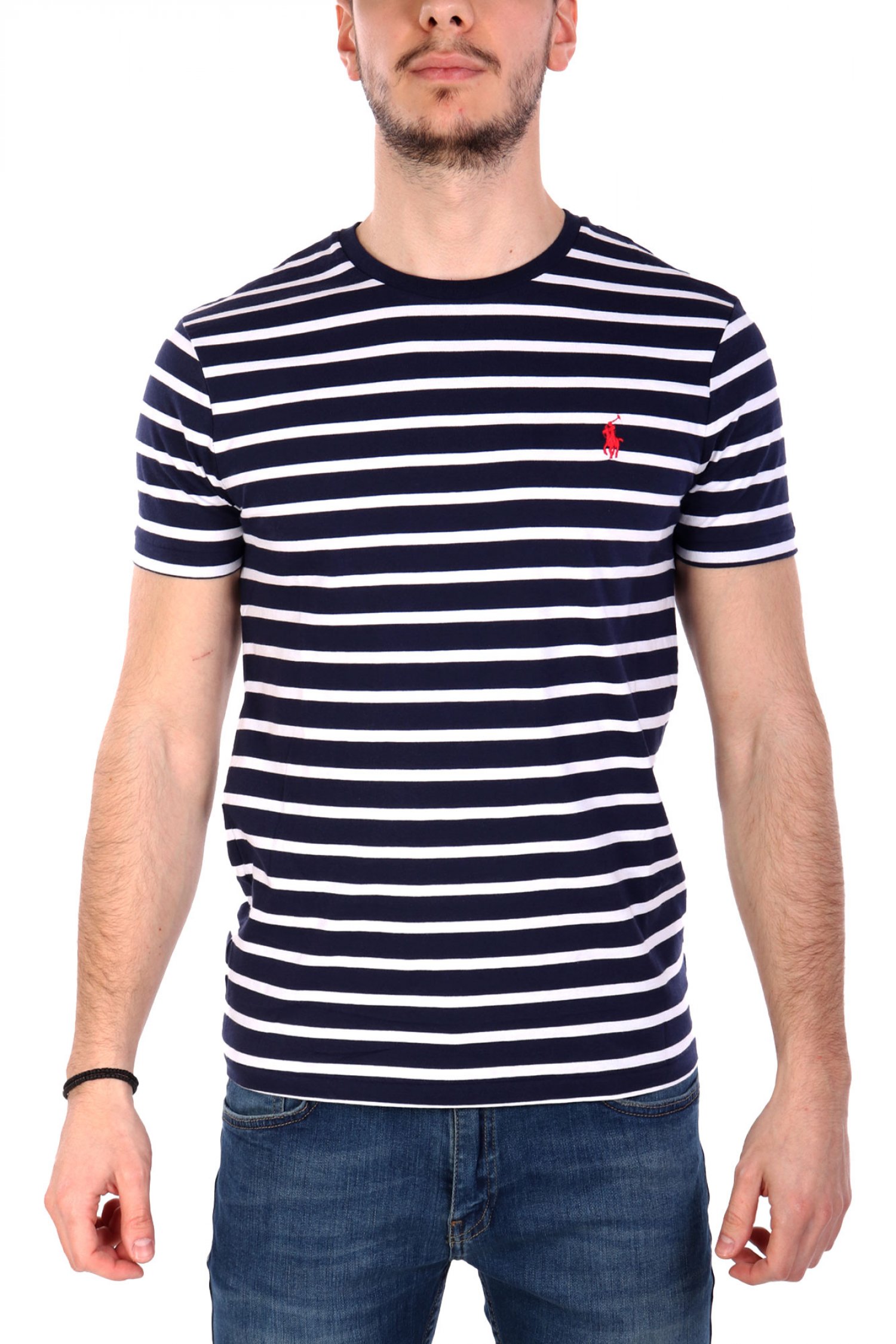 RALPH LAUREN T-SHIRT ΡΙΓΕ CUSTOM SLIM FIT LOGO ΜΠΛΕ-ΛΕΥΚΟ