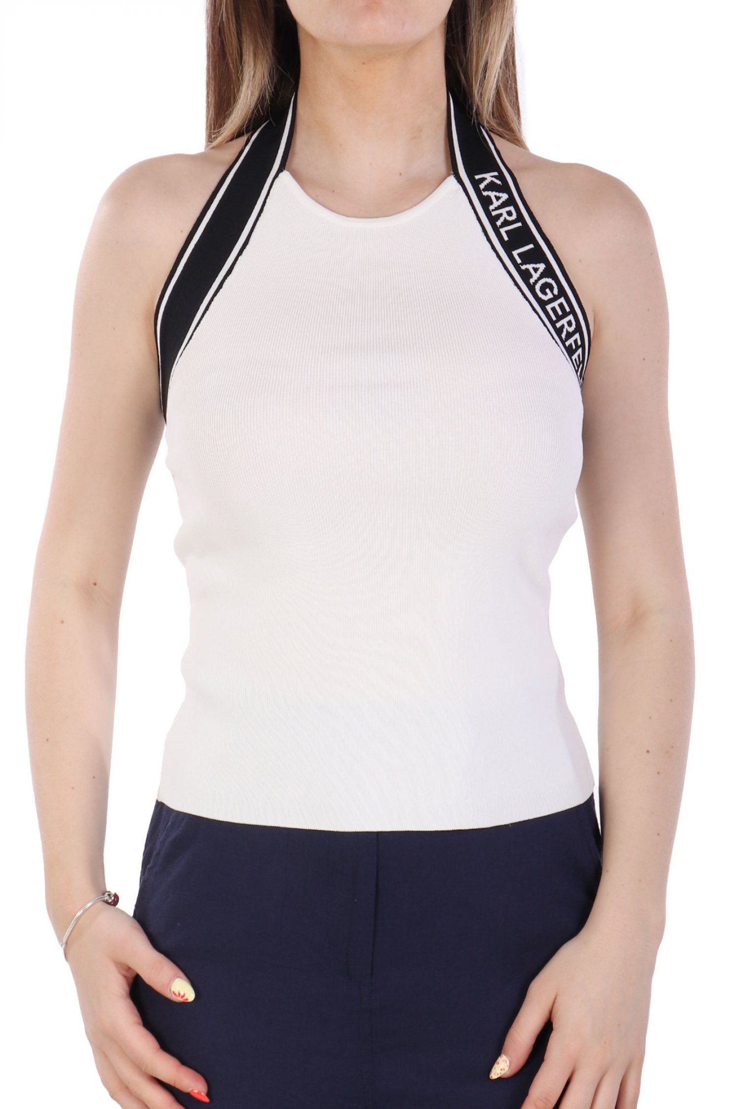 KARL LAGERFELD TOP KNIT LOGO HALTER TOP ΑΝΟΙΧΤΗ ΠΛΑΤΗ ΛΕΥΚΟ