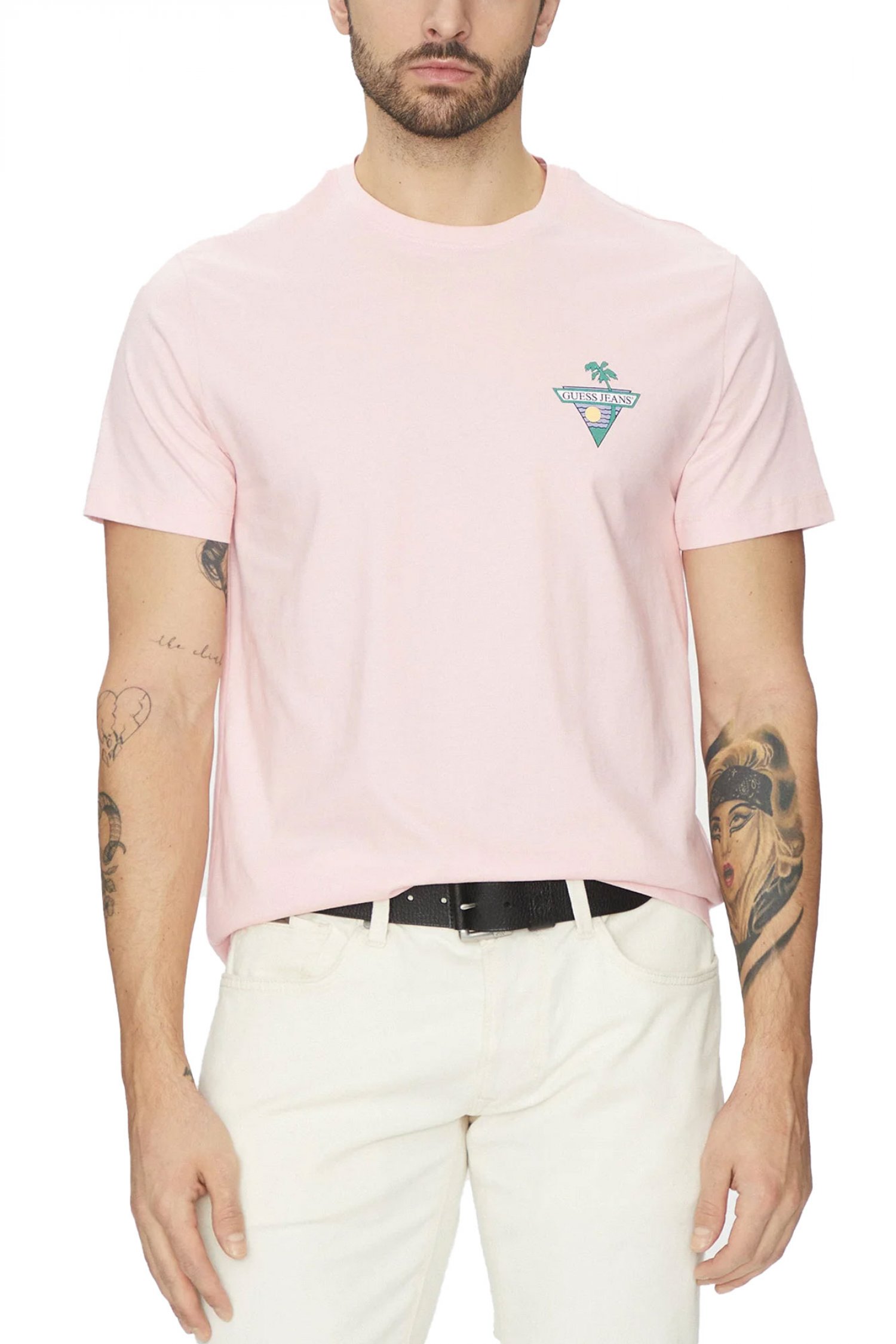 GUESS T-SHIRT CREW NECK REGULAR FIT LOGO ΡΟΖ