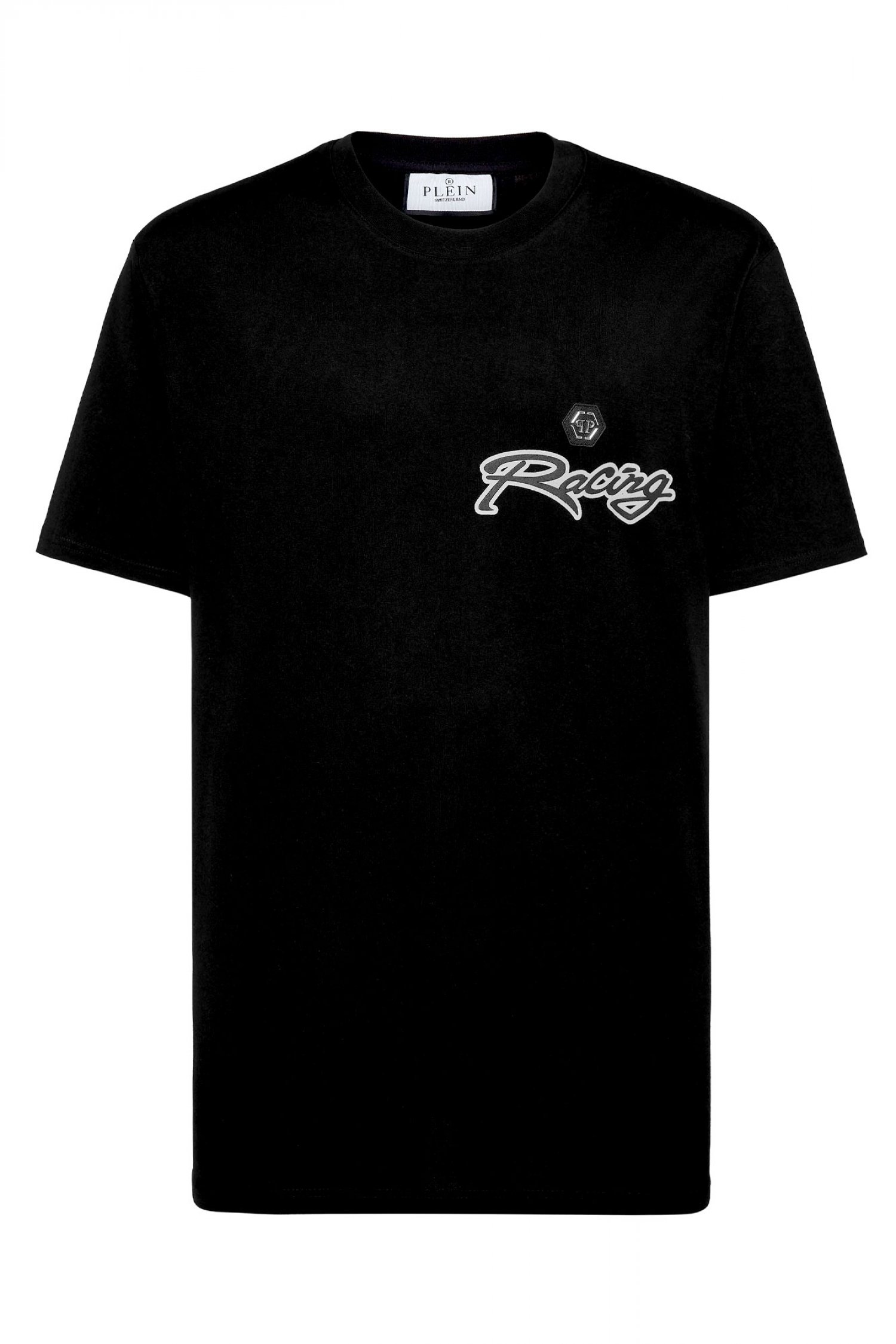 PHILIPP PLEIN T-SHIRT ROUND NECK SS LOGO ΜΕΤΑΛΛΙΚΟ ΜΑΥΡΟ