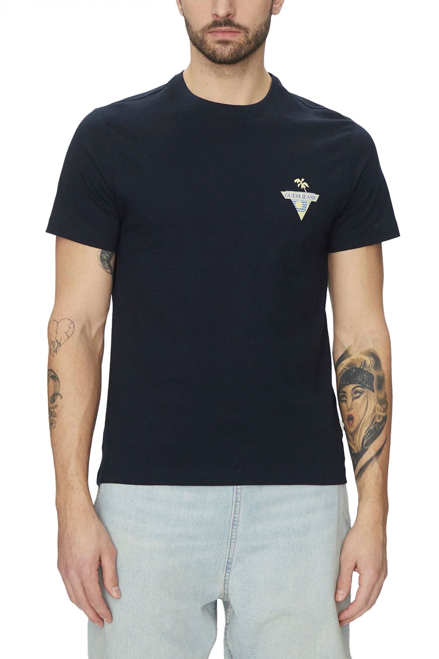 GUESS JEANS T-SHIRT CREW NECK REGULAR FIT LOGO ΜΠΛΕ