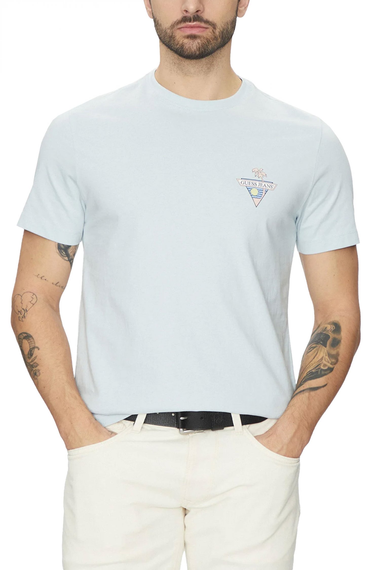 GUESS JEANS T-SHIRT CREW NECK REGULAR FIT LOGO ΣΙΕΛ