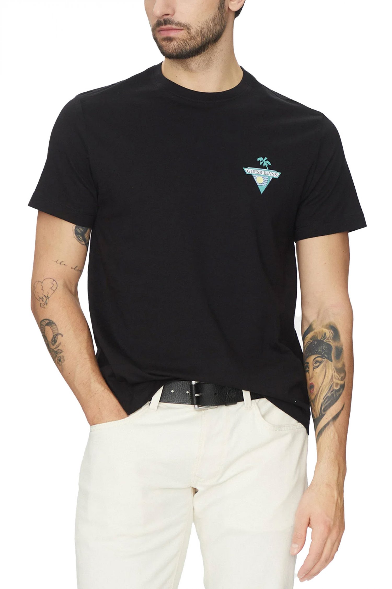 GUESS JEANS T-SHIRT CREW NECK REGULAR FIT LOGO ΜΑΥΡΟ