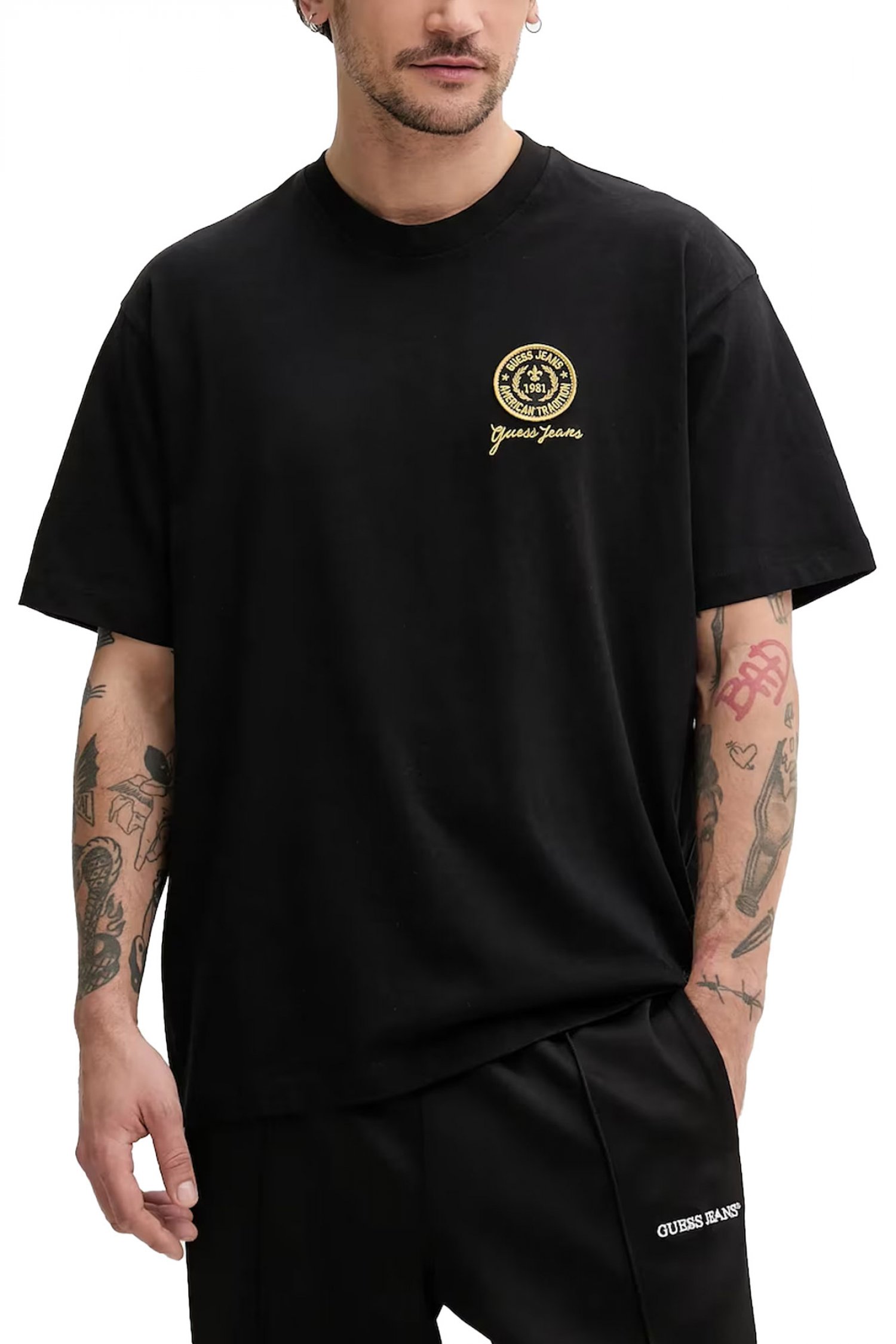 GUESS JEANS T-SHIRT CREW NECK OVERSIZED FIT LOGO ΜΑΥΡΟ