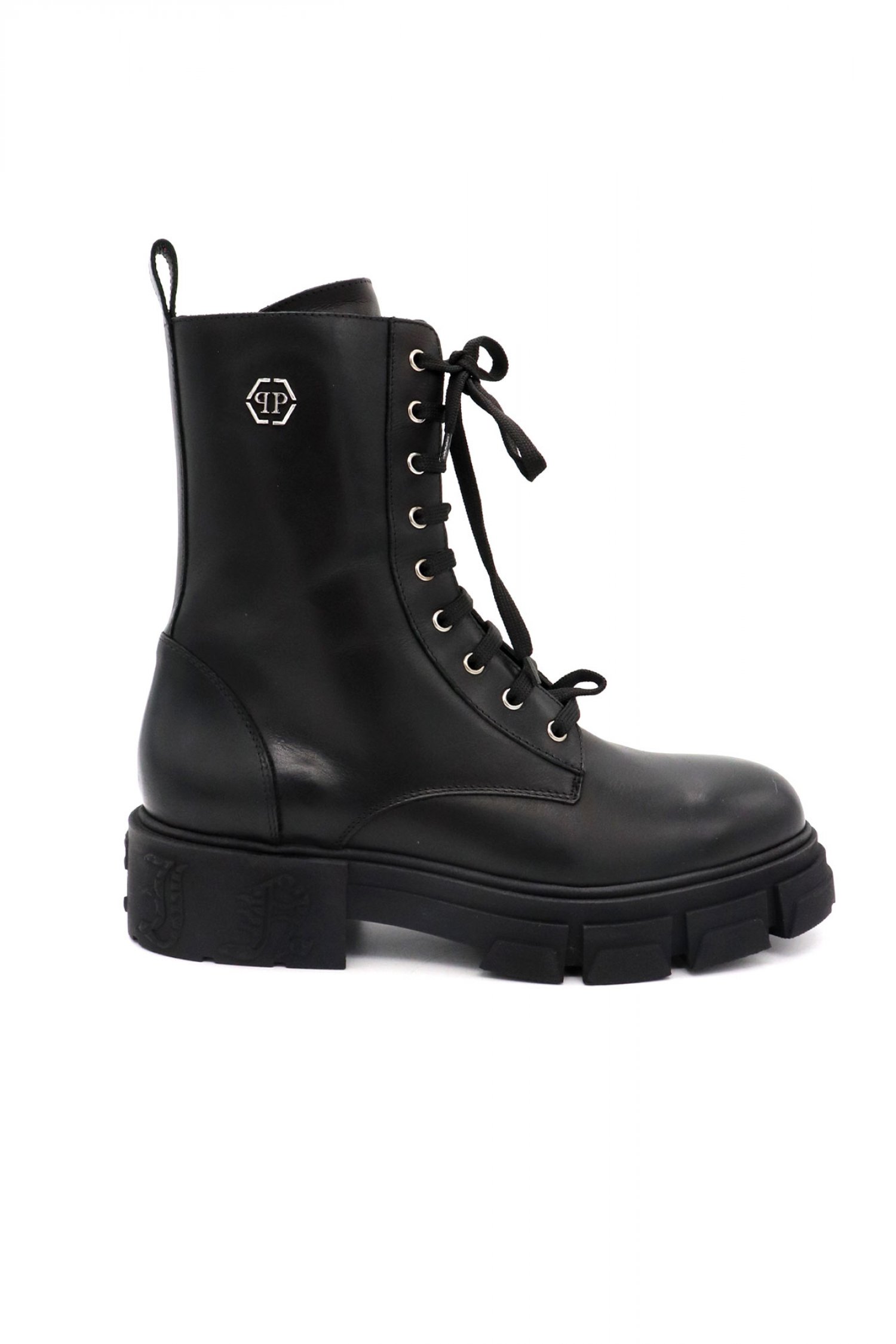 PHILIPP PLEIN ΠΑΠΟΥΤΣΙΑ ΜΠΟΤΑΚΙ CALF SKIN LEATHER FLAT HEXAGON LOGO ΜΑΥΡΟ