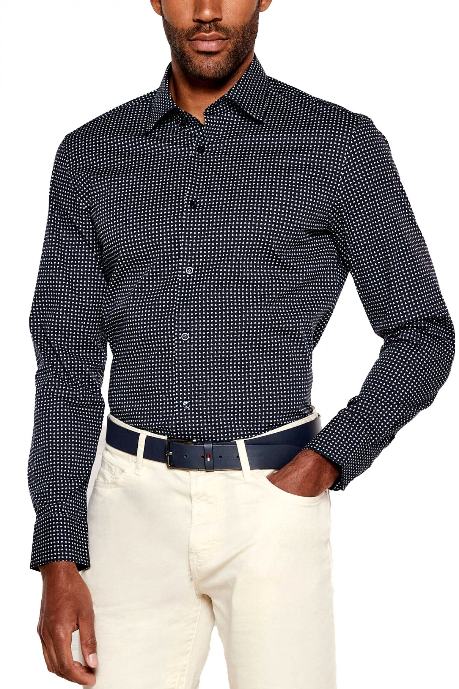 BOSS ΠΟΥΚΑΜΙΣΟ ΜΙΚΡΟΣΧΕΔΙΟ SLIM FIT H-HANK-KENT-C1-214 ΜΠΛΕ-ΛΕΥΚΟ