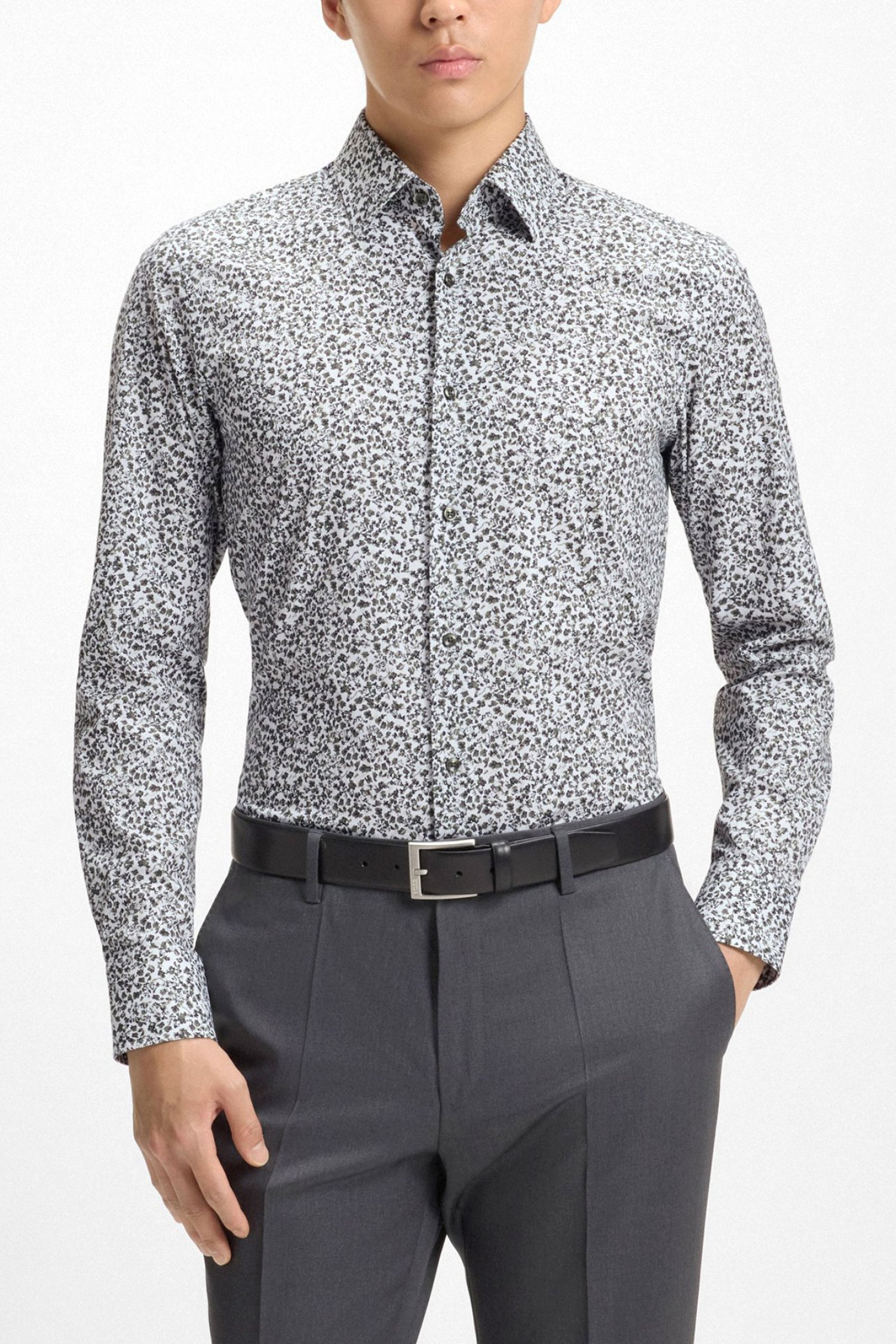 BOSS ΠΟΥΚΑΜΙΣΟ FLORAL SLIM FIT STRETCH H-HANK-KENT-C1-214 ΛΕΥΚΟ-ΠΡΑΣΙΝΟ