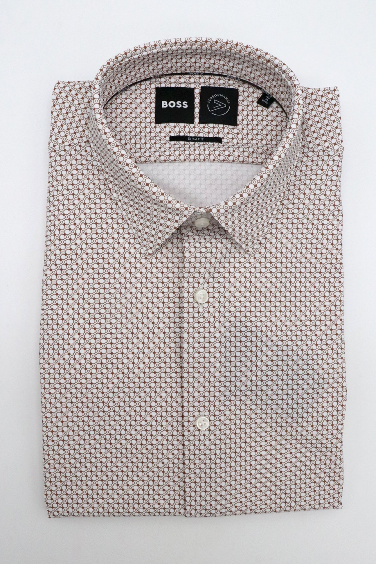 BOSS PERFORMANCE ΠΟΥΚΑΜΙΣΟ ΜΙΚΡΟΣΧΕΔΙΟ SLIM FIT P-HANK-S-KENT-C1-222 ΚΑΦΕ-ΛΕΥΚΟ