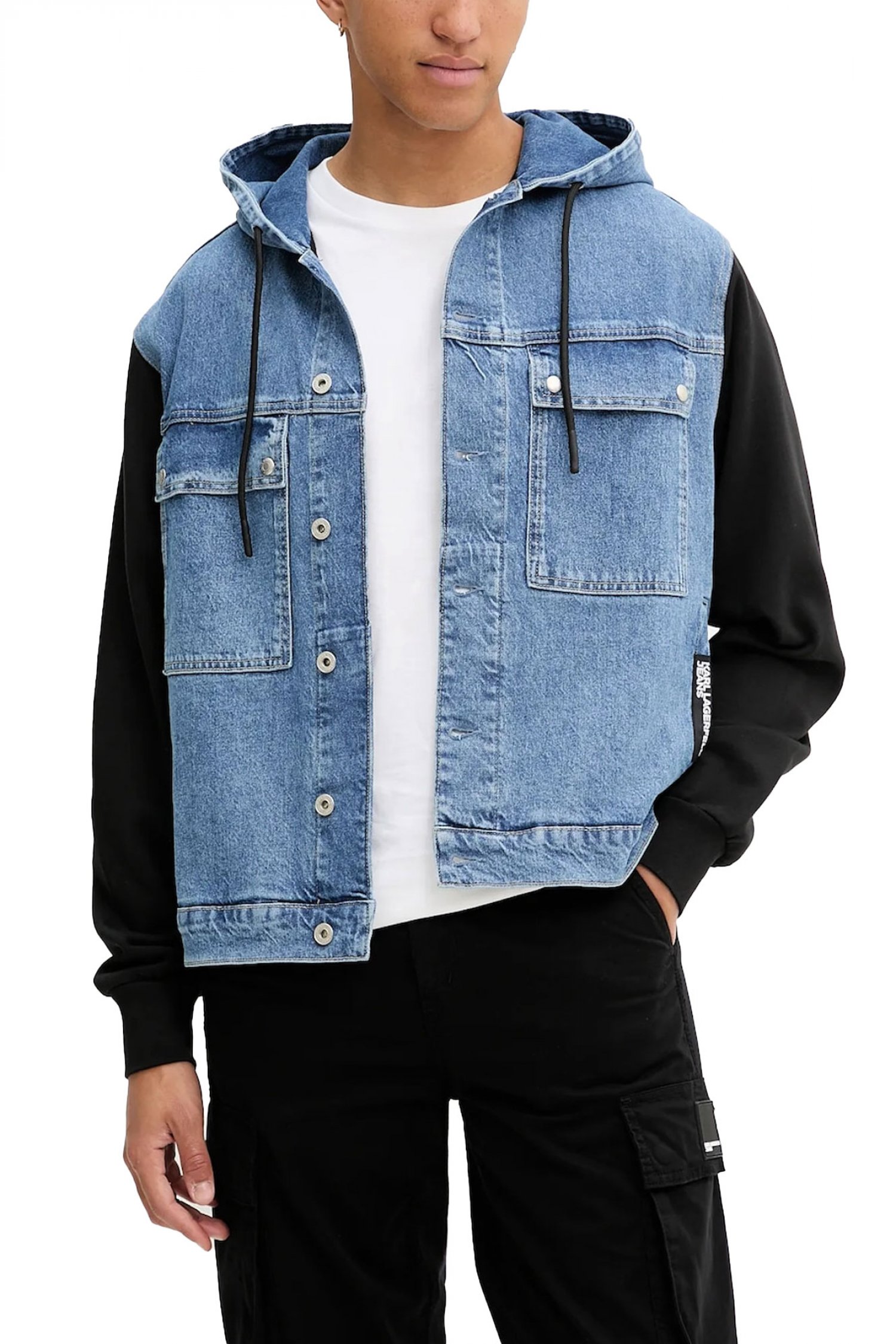 KARL LAGERFELD JEANS JACKET KLJ MIX MATERIAL ΜΠΟΥΦΑΝ ΚΟΥΚΟΥΛΑ ΜΠΛΕ JEANS